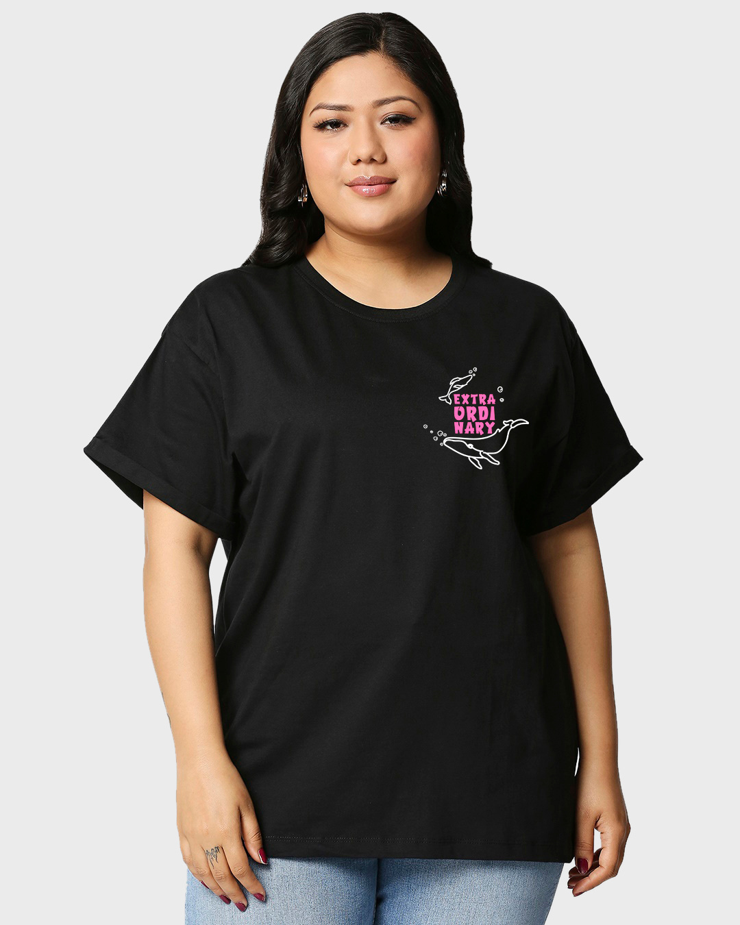 Shop Women's Black Extraordinary Woo Graphic Printed Plus Size Boyfriend T-shirt-Back