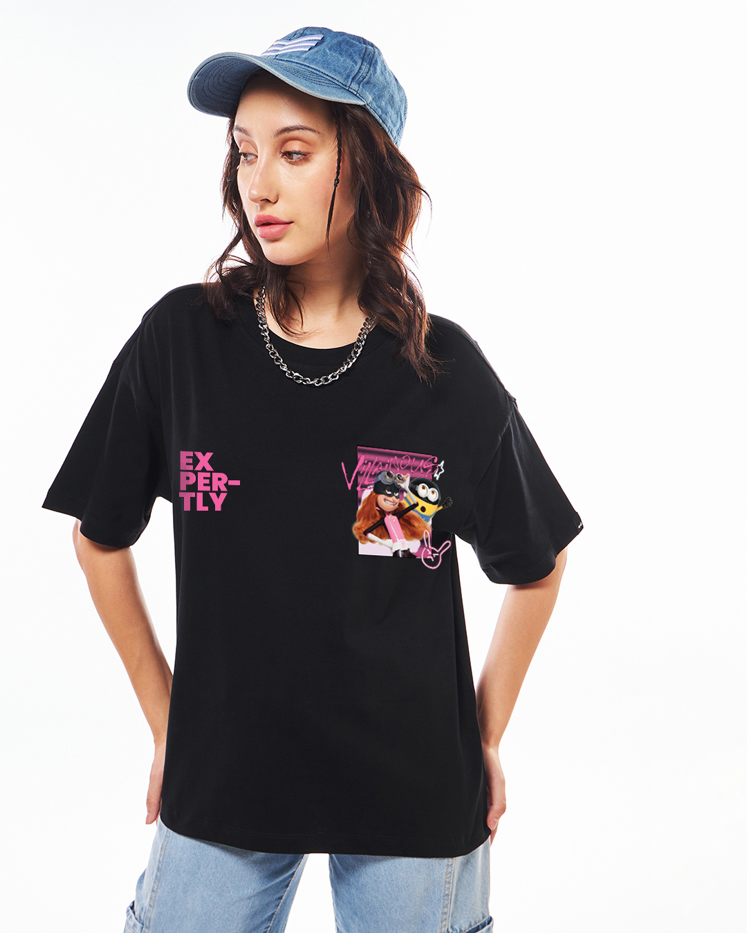 Shop Women's Black Fearless Minion Typography Oversized T-shirt-Back