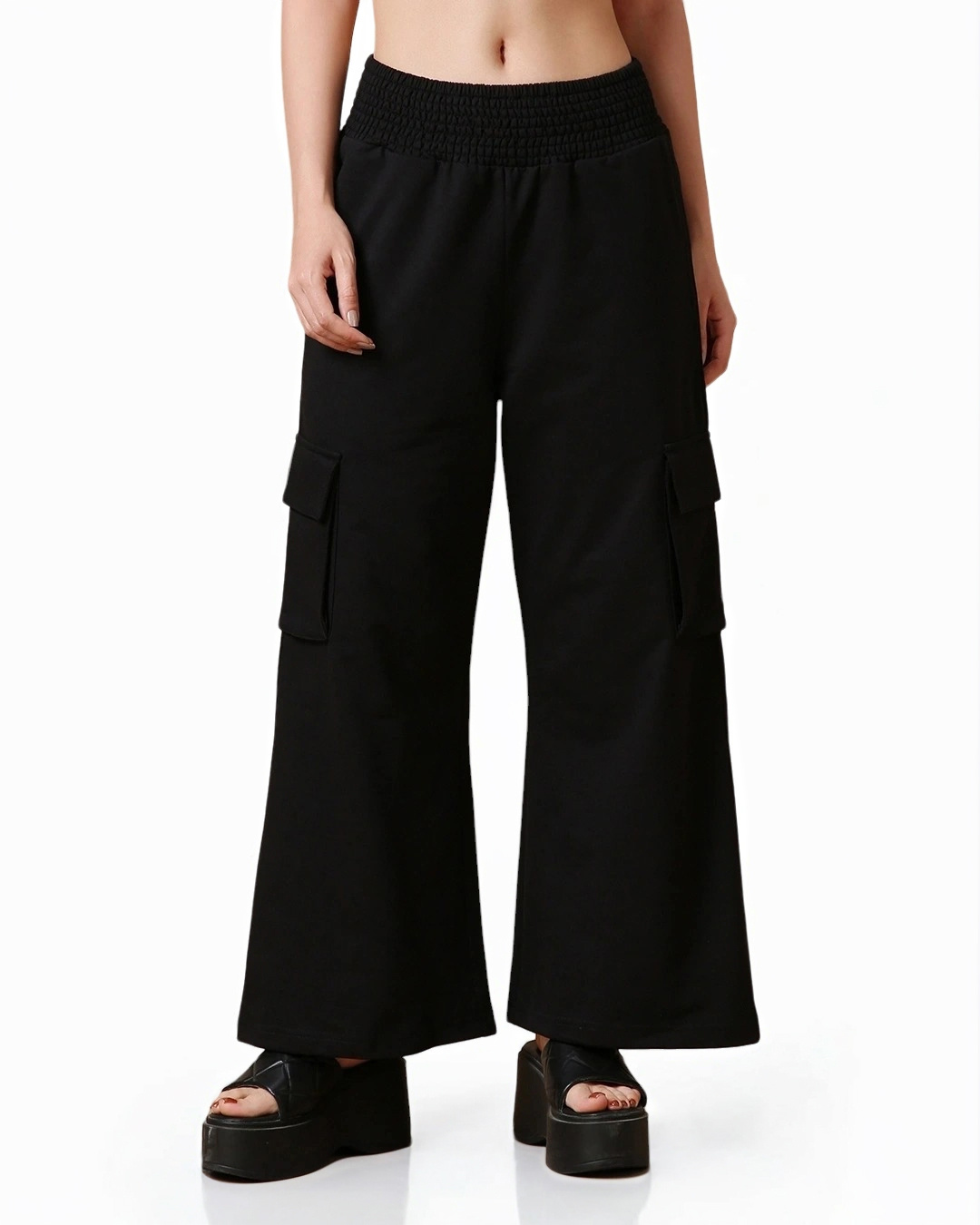 Shop Women's Black Flared Cargo Track Pants-Back