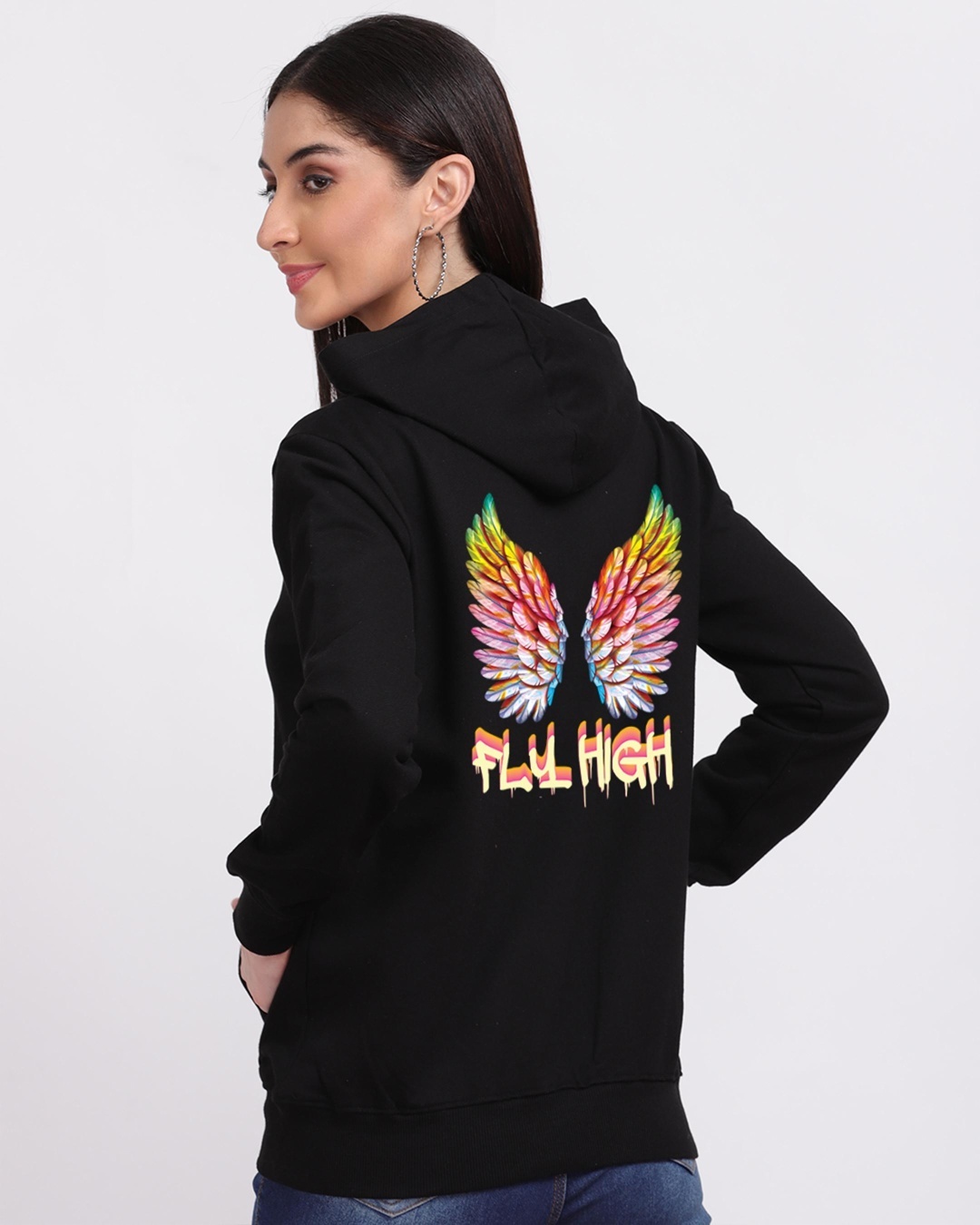 Shop Women's Black Fly High Graphic Printed Hoodie-Back