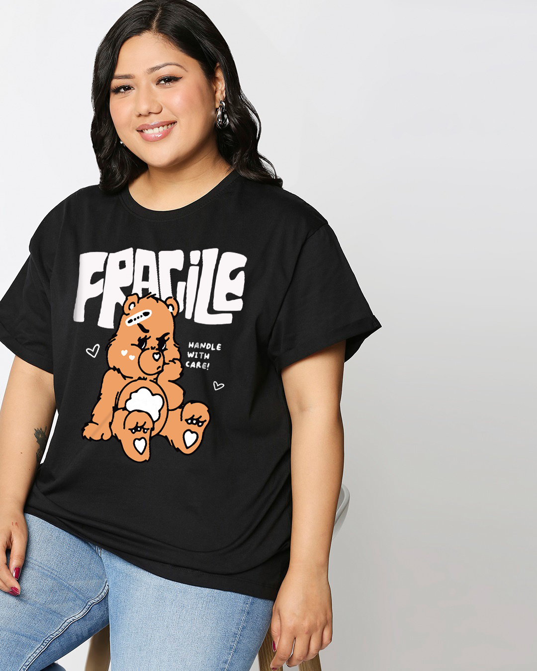 Shop Women's Black Fragile Graphic Printed Plus Size Boyfriend T-shirt-Back