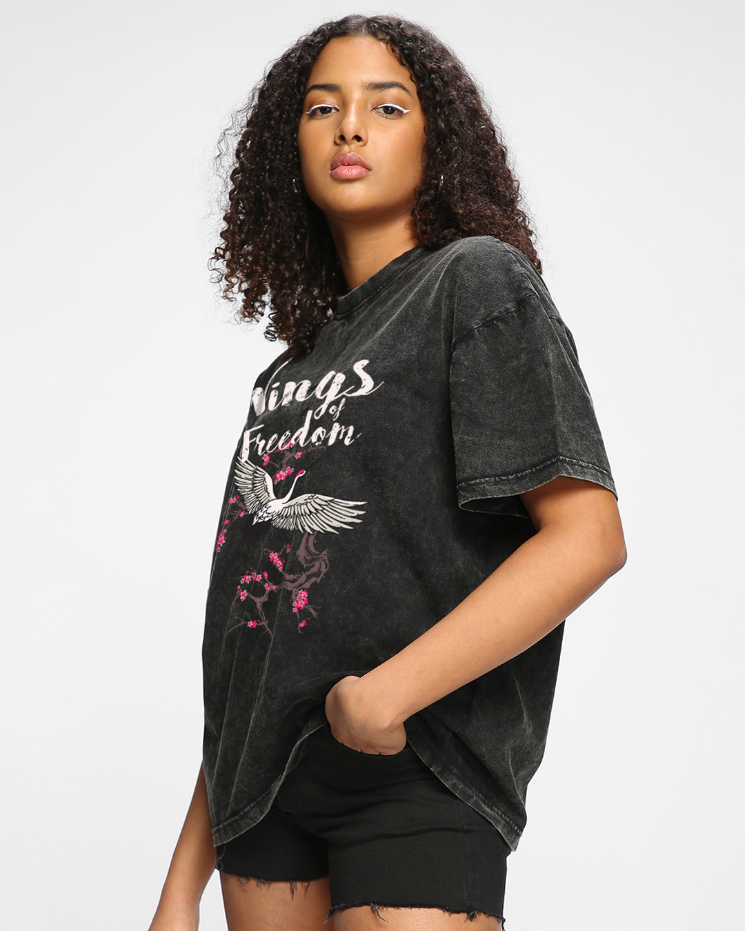 Shop Women's Black Freedom Wings Graphic Printed Oversized Acid Wash T-shirt-Back