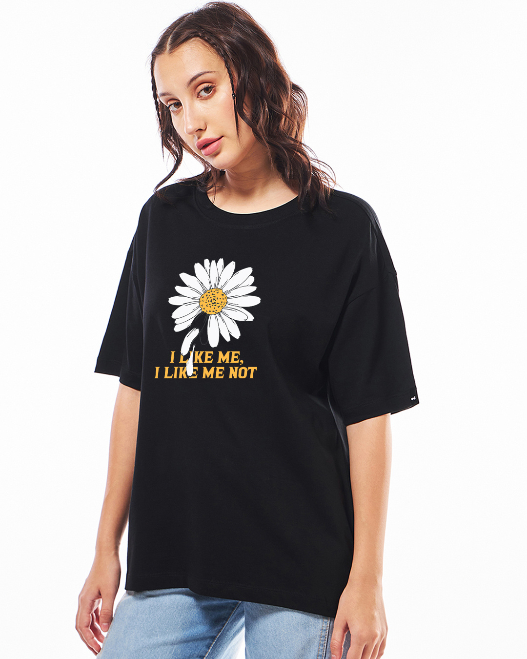Shop Women's Black Glow Like Daisy Graphic Printed Oversized T-shirt-Back