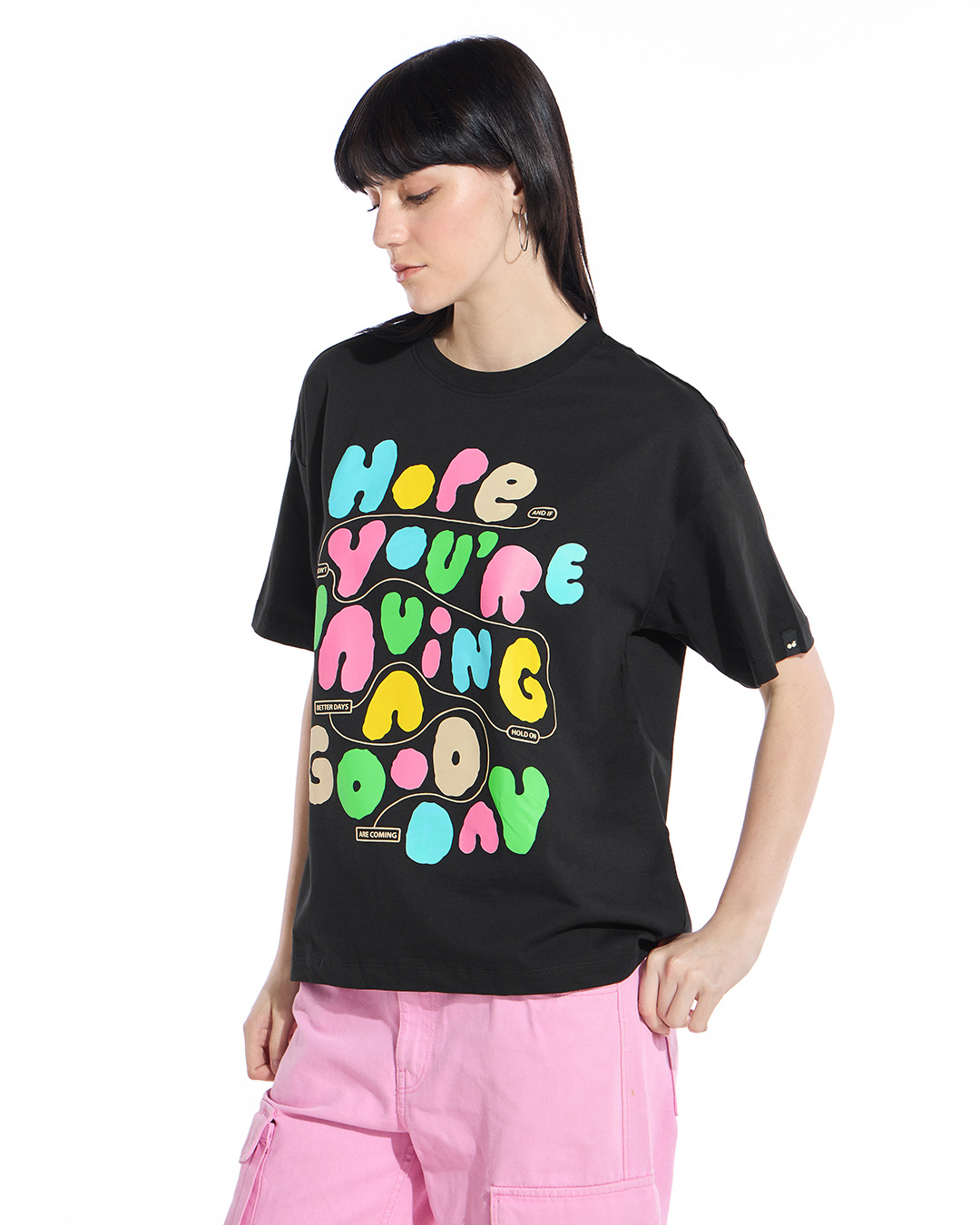 Shop Women's Black Good Day Typography Oversized T-shirt-Back