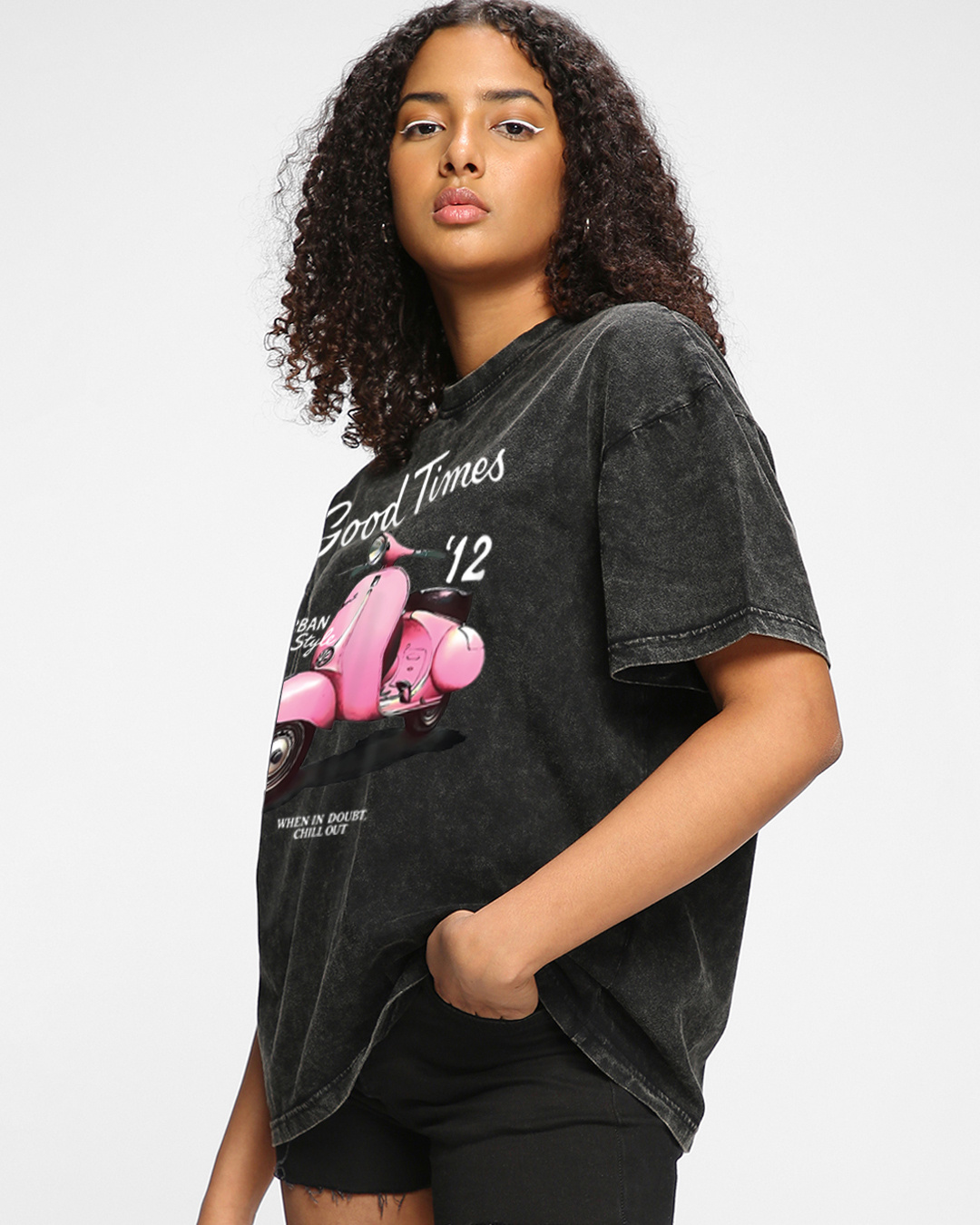 Shop Women's Black Good Times Graphic Printed Oversized Acid Wash T-shirt-Back