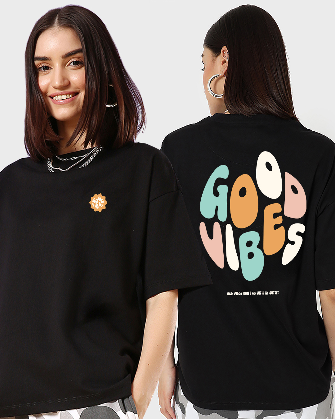 Buy Women's Black Good Vibes Typography Oversized Tshirt Online at