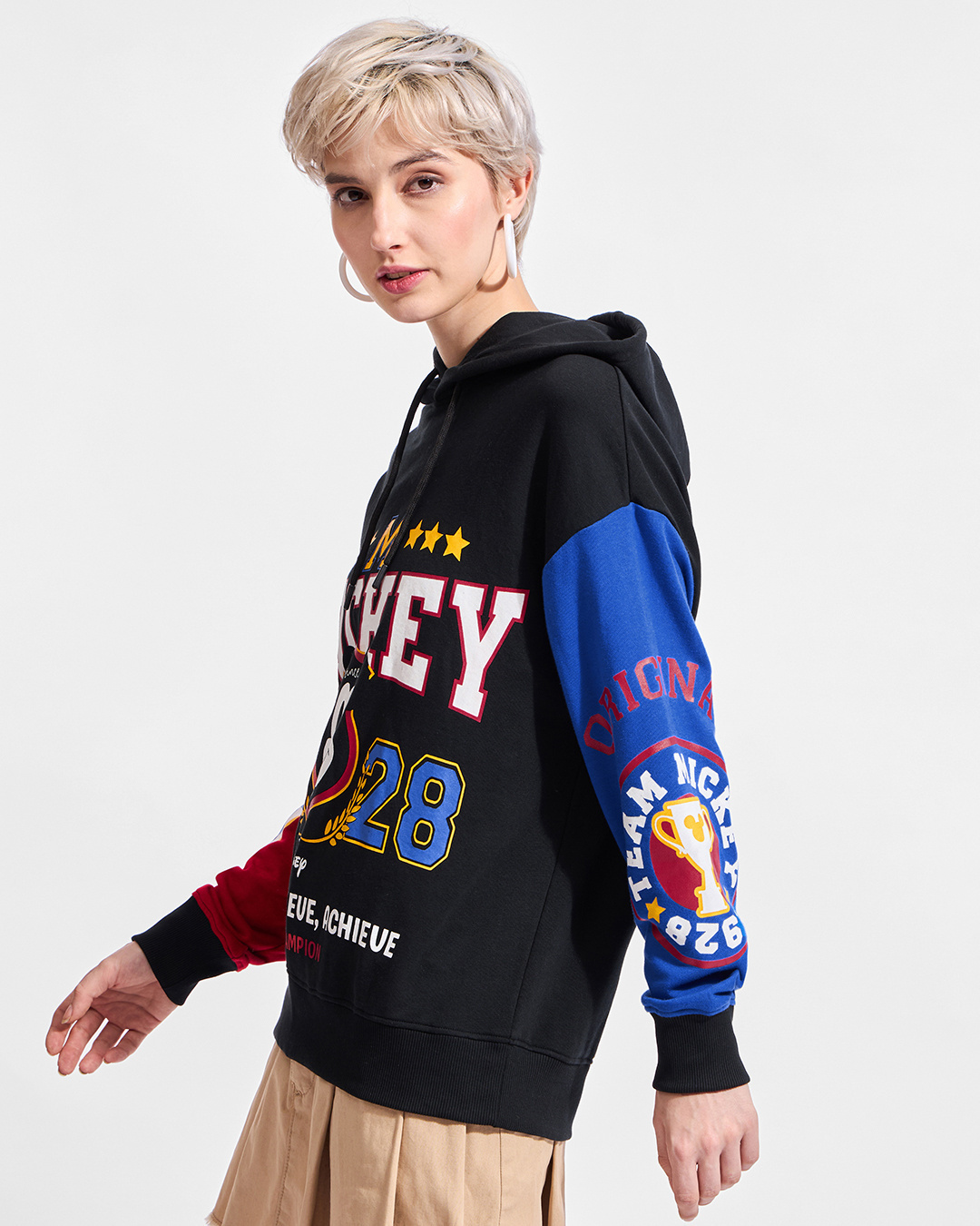 Shop Women's Black Mickey Graphic Printed Oversized Hoodies-Back