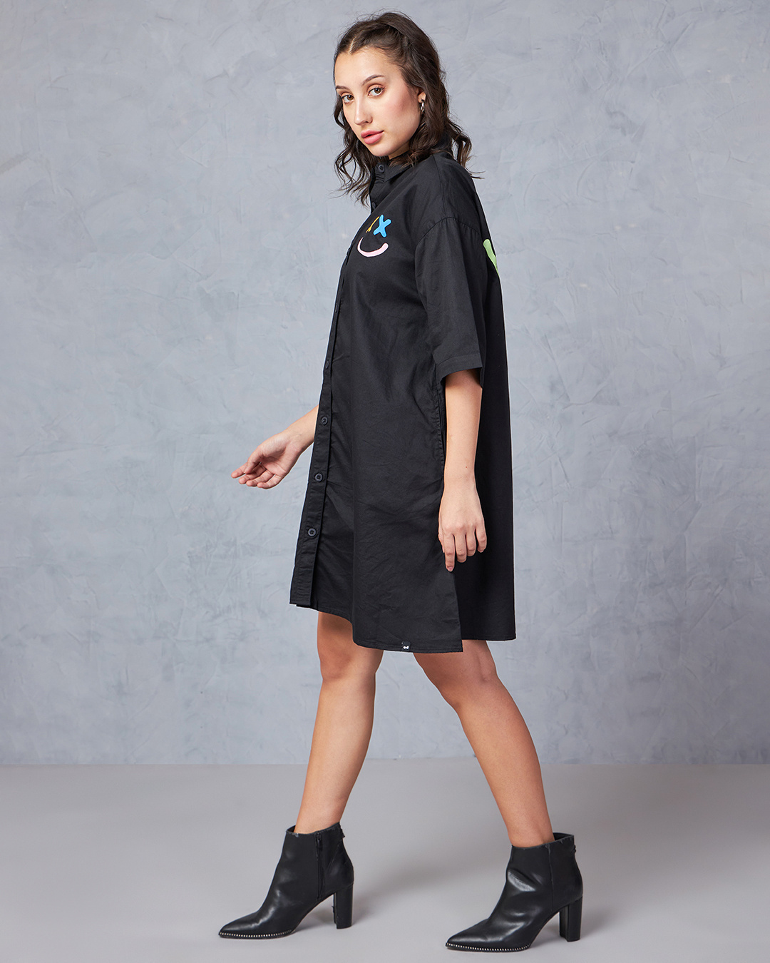 Shop Women's Black Let's Over Think It Typography Oversized Shirt Dress-Back