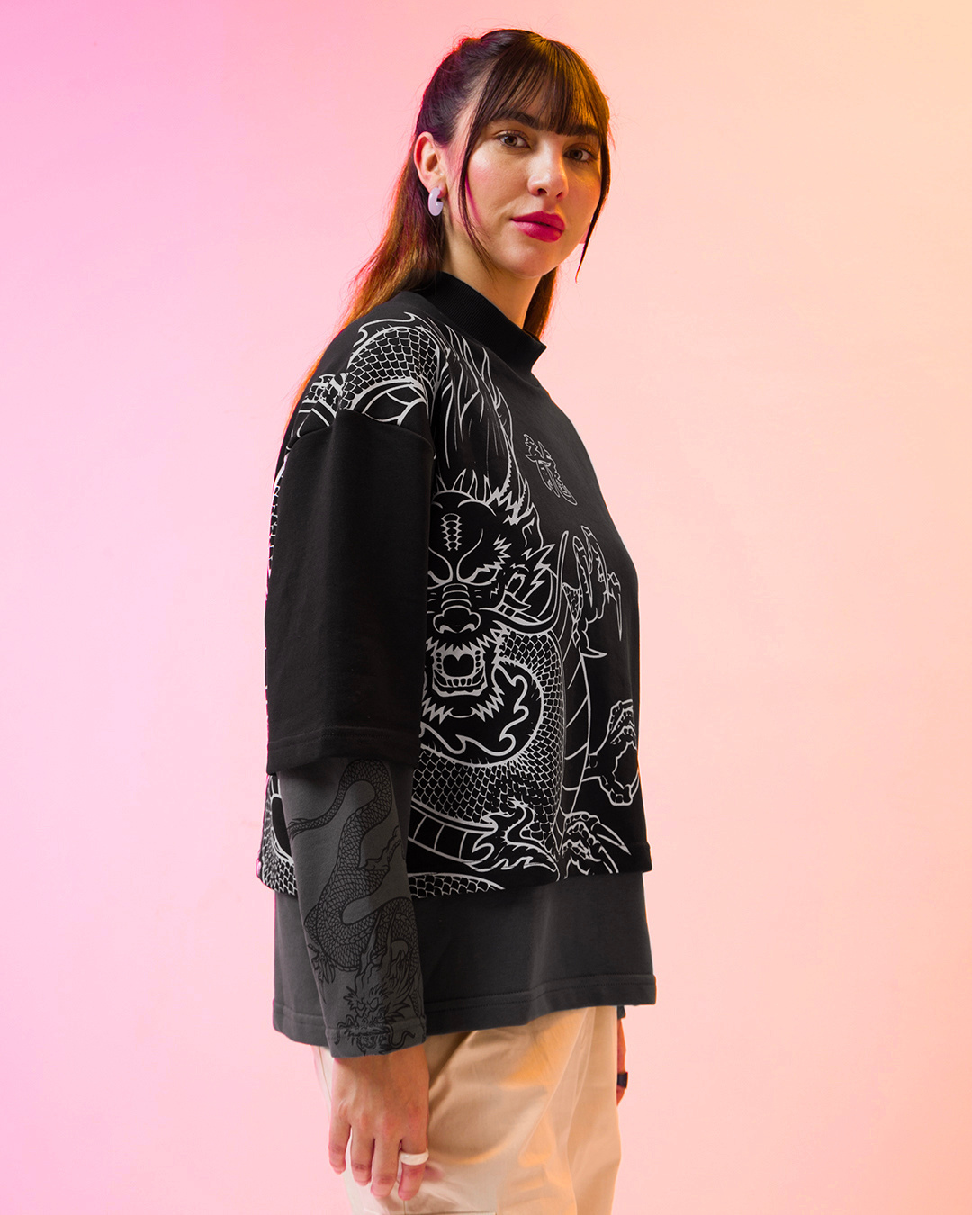 Shop Women's Black Graphic Printed Oversized Sweatshirt-Back