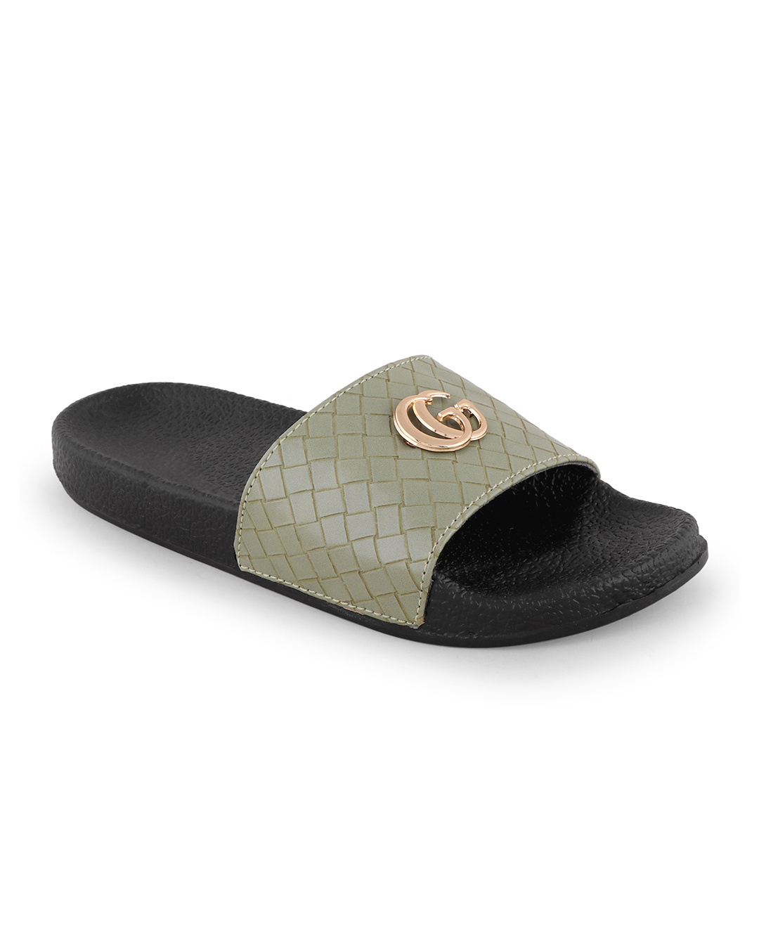 Shop Women's Black & Green Embellished Sliders-Back