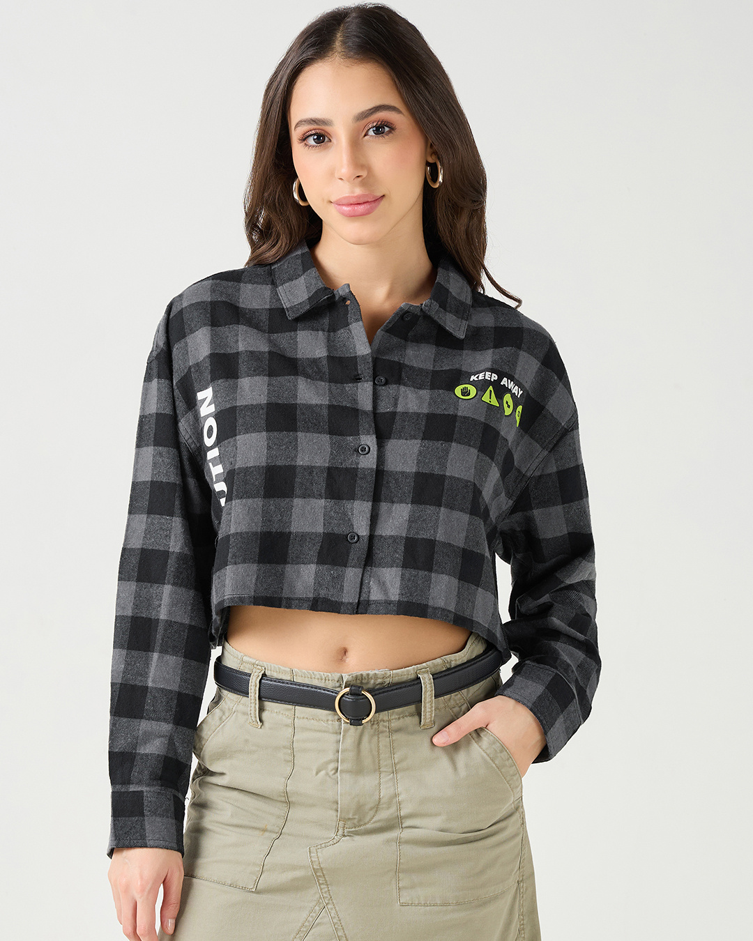 Shop Women's Black & Grey Modern Noise Checked Oversized Cropped Shirt-Back