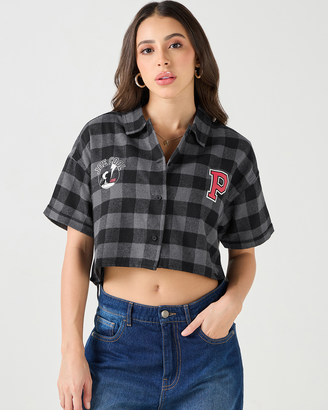 Shop Women's Black & Grey Peanuts Checked Oversized Cropped Shirt-Back