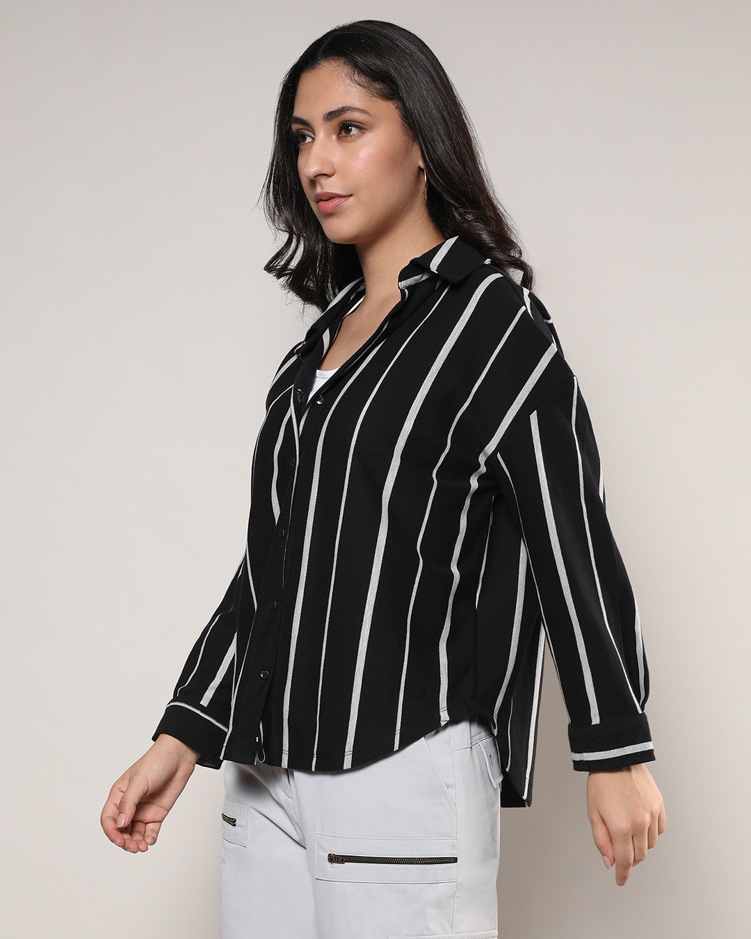 Shop Women's Black & Grey Striped Shirt-Back