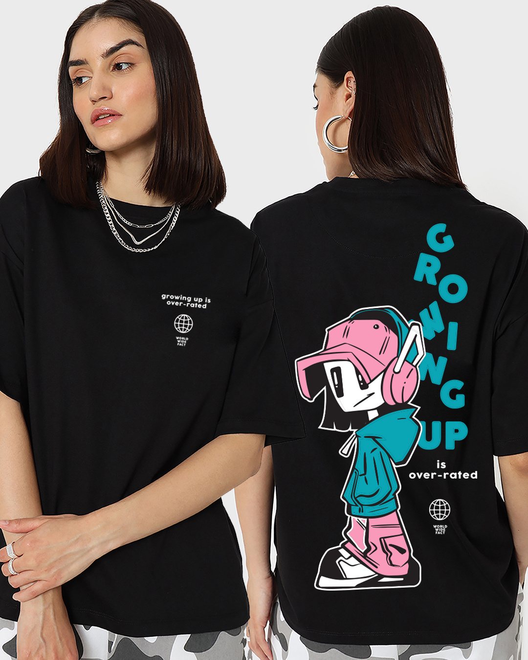 Buy Women's Black Growing Up Is Overrated Graphic Printed Oversized T