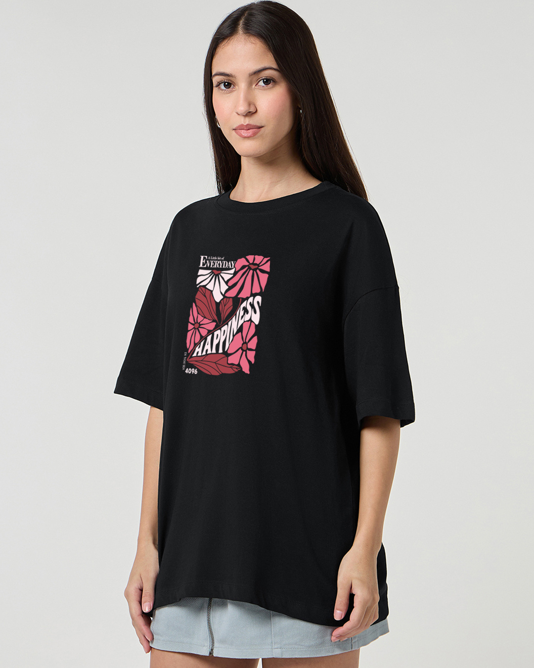 Shop Women's Black Happiness Graphic Printed Oversized T-shirt-Back