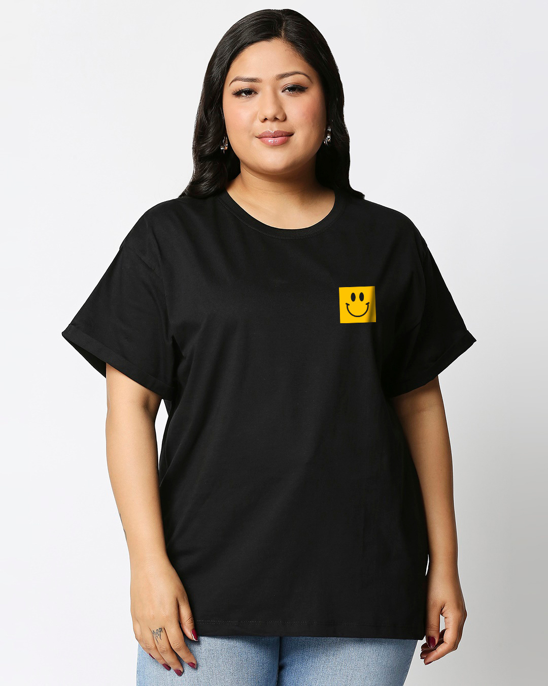 Shop Women's Black Happiness Typography Plus Size Boyfriend T-shirt-Back