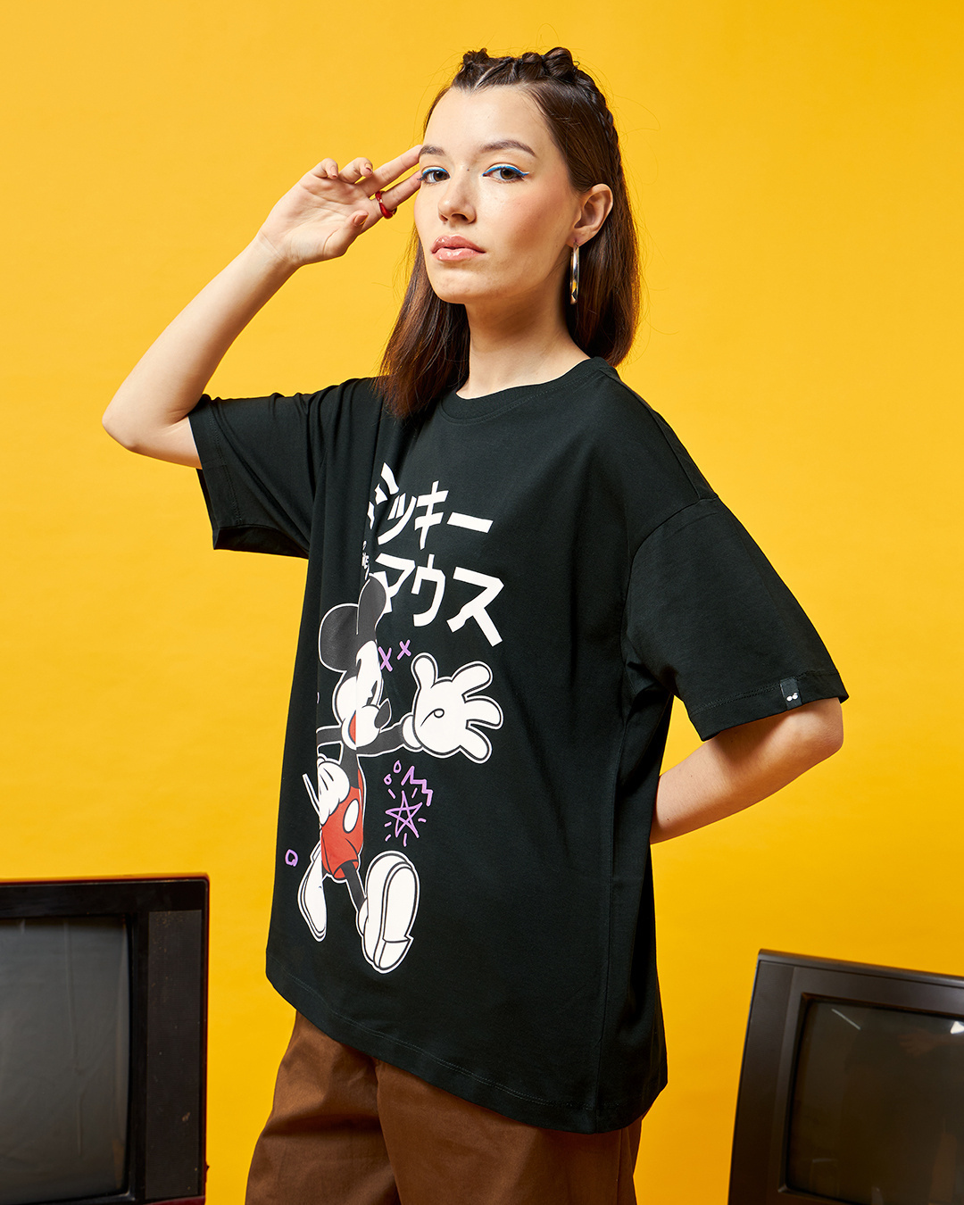 Shop Women's Black Happy Face Graphic Printed Oversized T-shirt-Back
