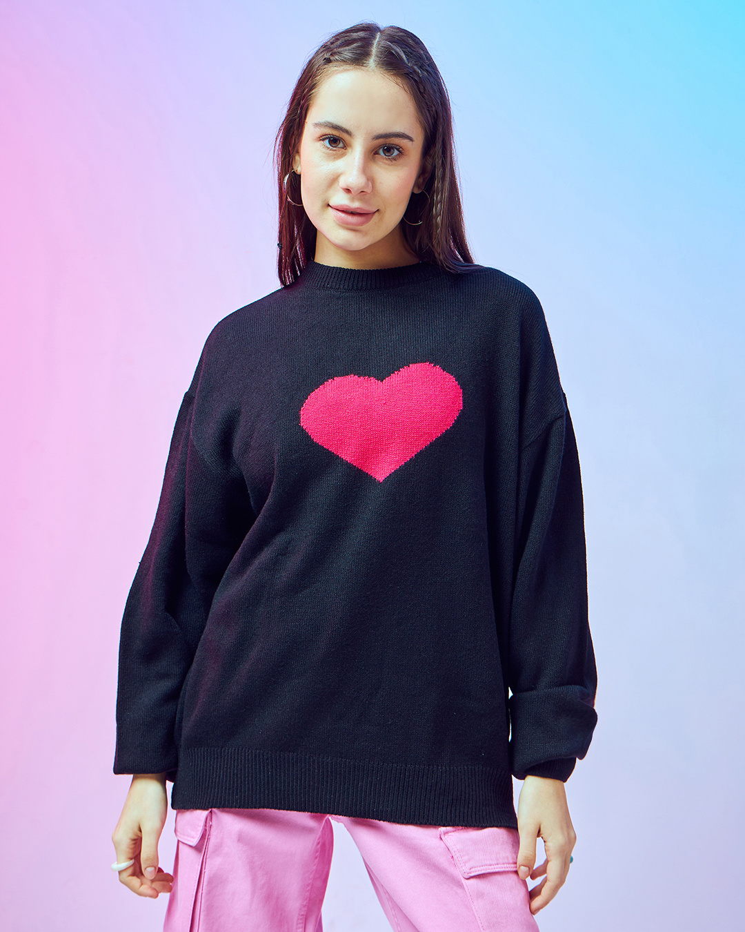 Buy Women's Black Heart Graphic Printed Super Loose Fit Flatknit