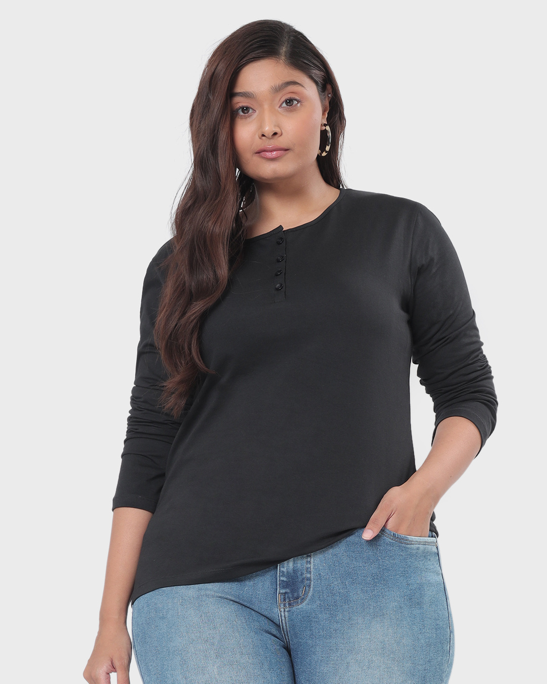 Shop Women's Black Henley Neck Plus Size Slim Fit T-shirt-Back