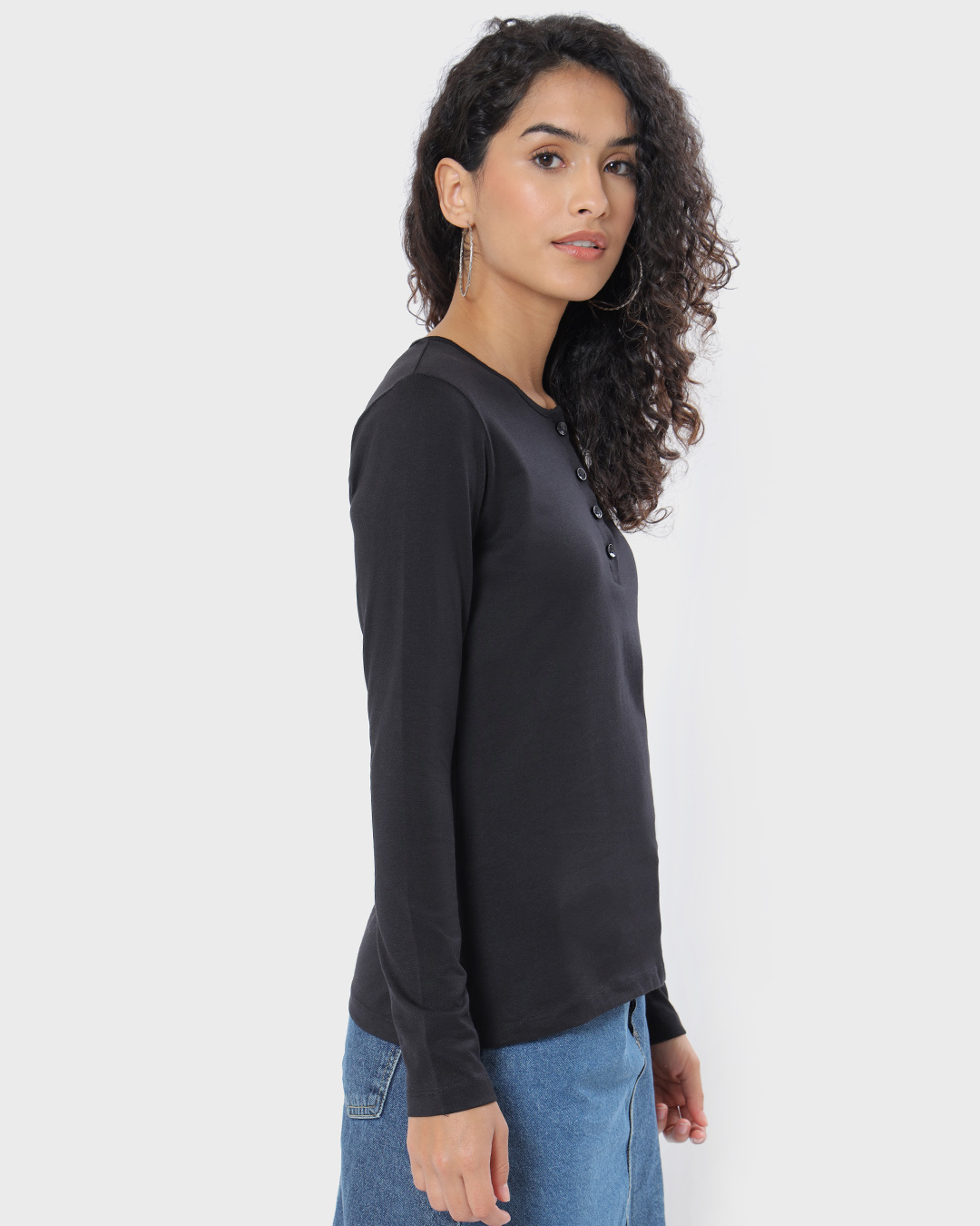 Shop Women's Black Henley Slim Fit T-shirt-Back