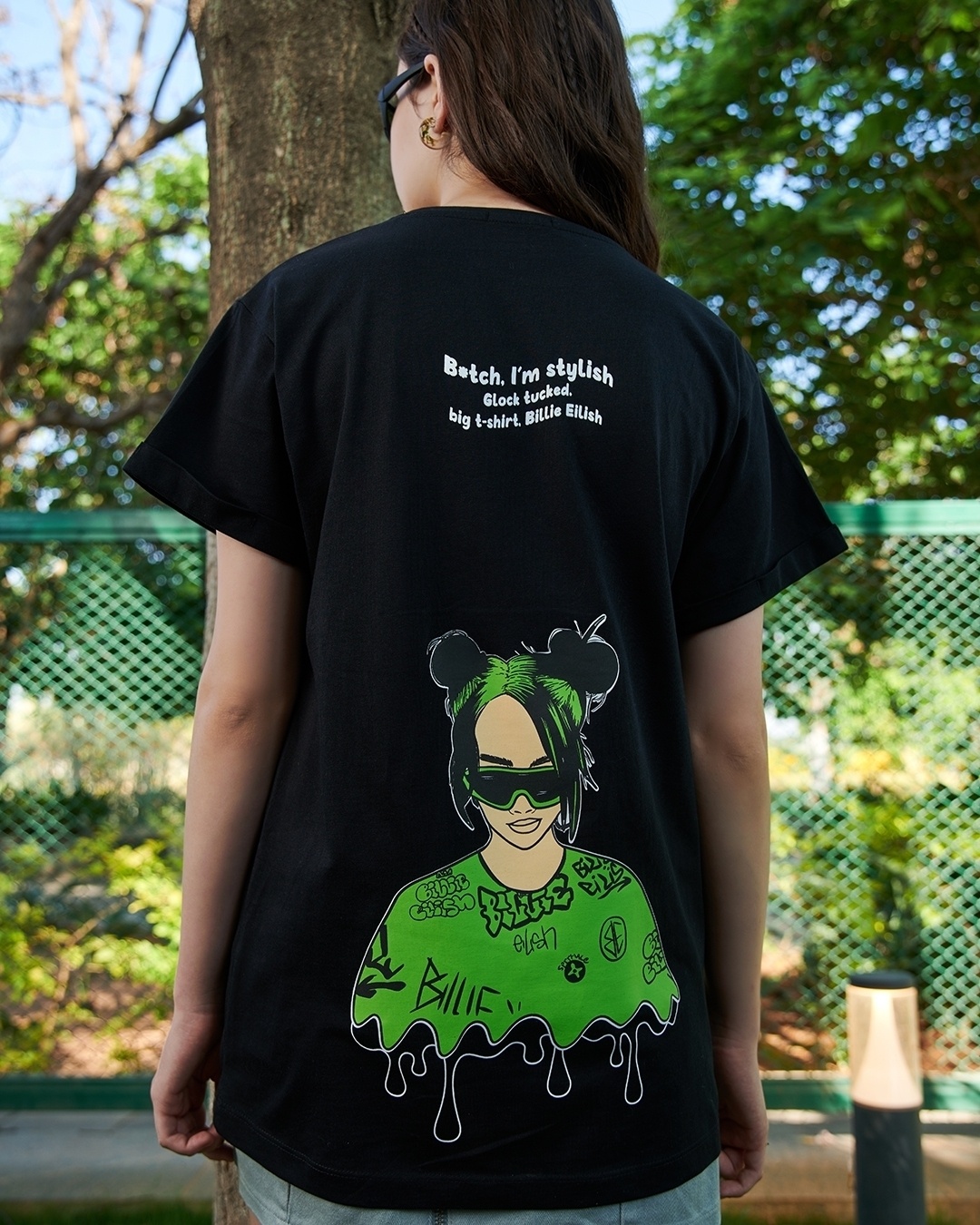 BILLIE EILISH ブラック Tシャツ Lサイズ Round Printed Black Billie Eilish Print Cotton Oversized T