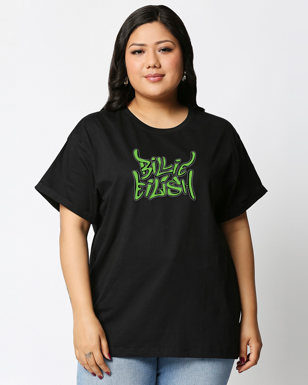 Shop Women's Black Billie Eilish Graphic Printed Plus Size Boyfriend T-shirt-Back