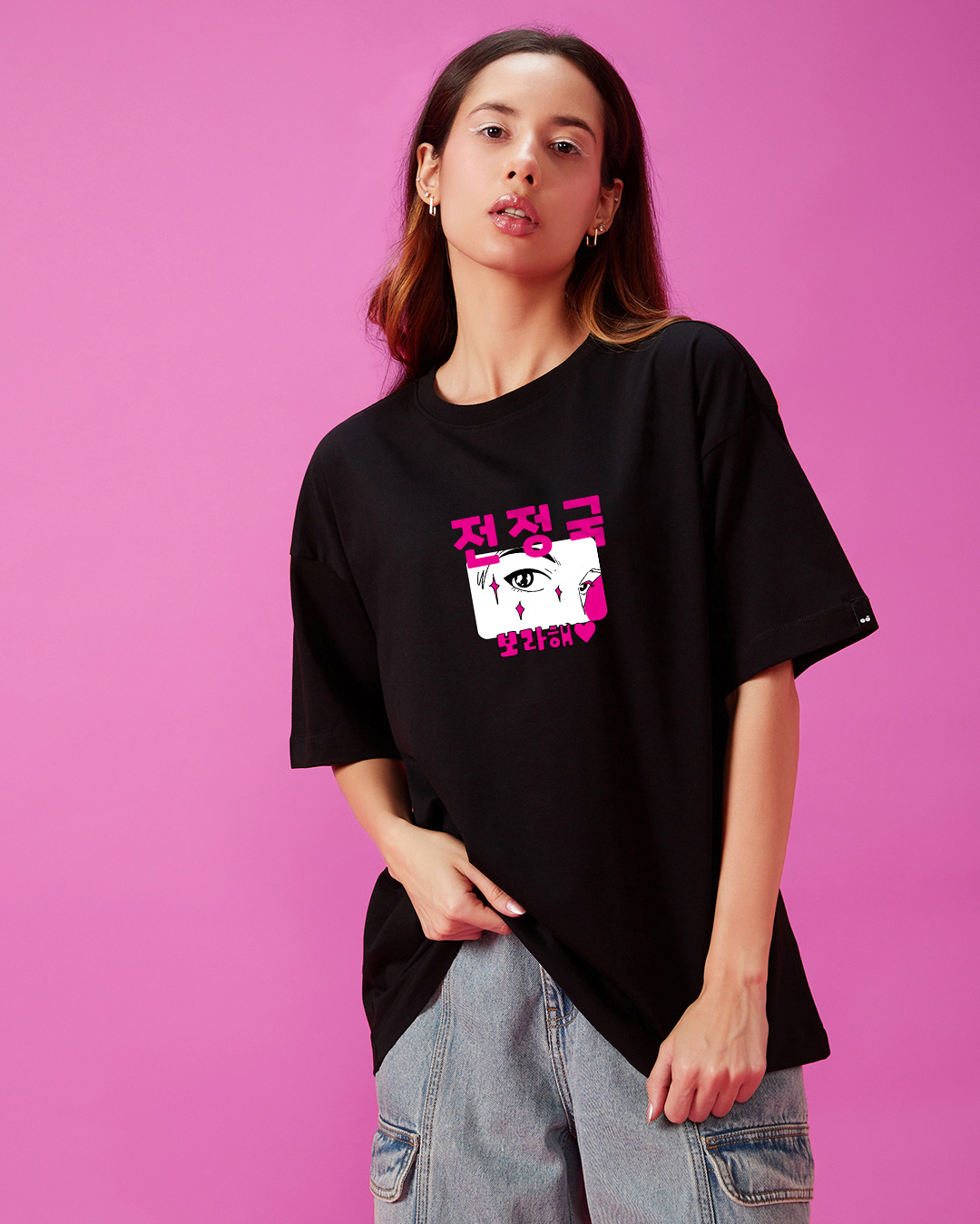 Shop Women's Black In 3D BTS Graphic Printed Oversized T-shirt-Back