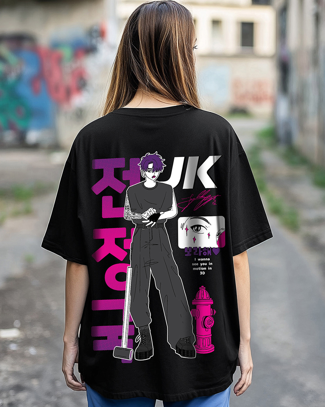 Buy Women's Black In 3D BTS Graphic Printed Oversized T-shirt