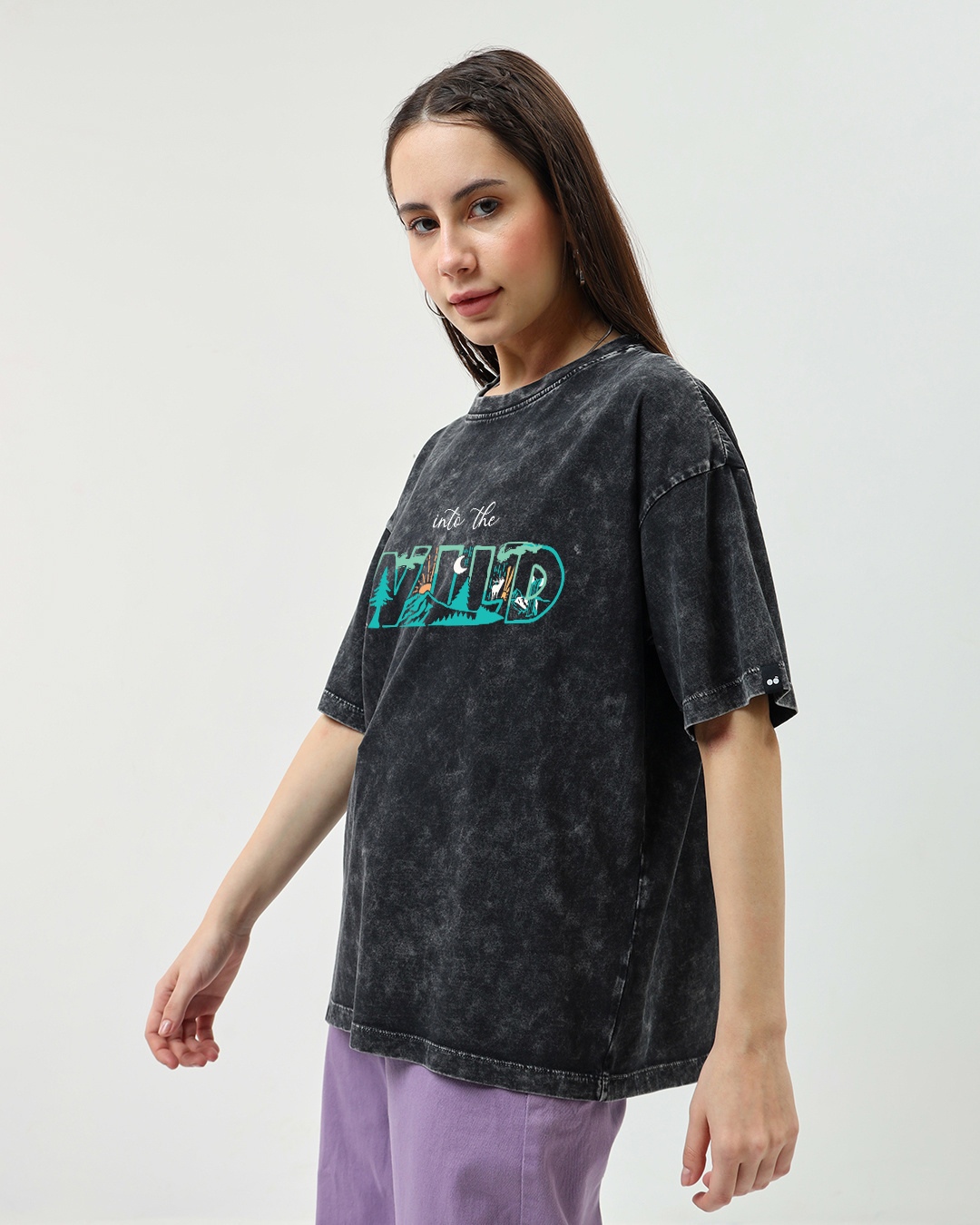 Shop Women's Black Into The Wild Graphic Printed Oversized Acid Wash T-shirt-Back