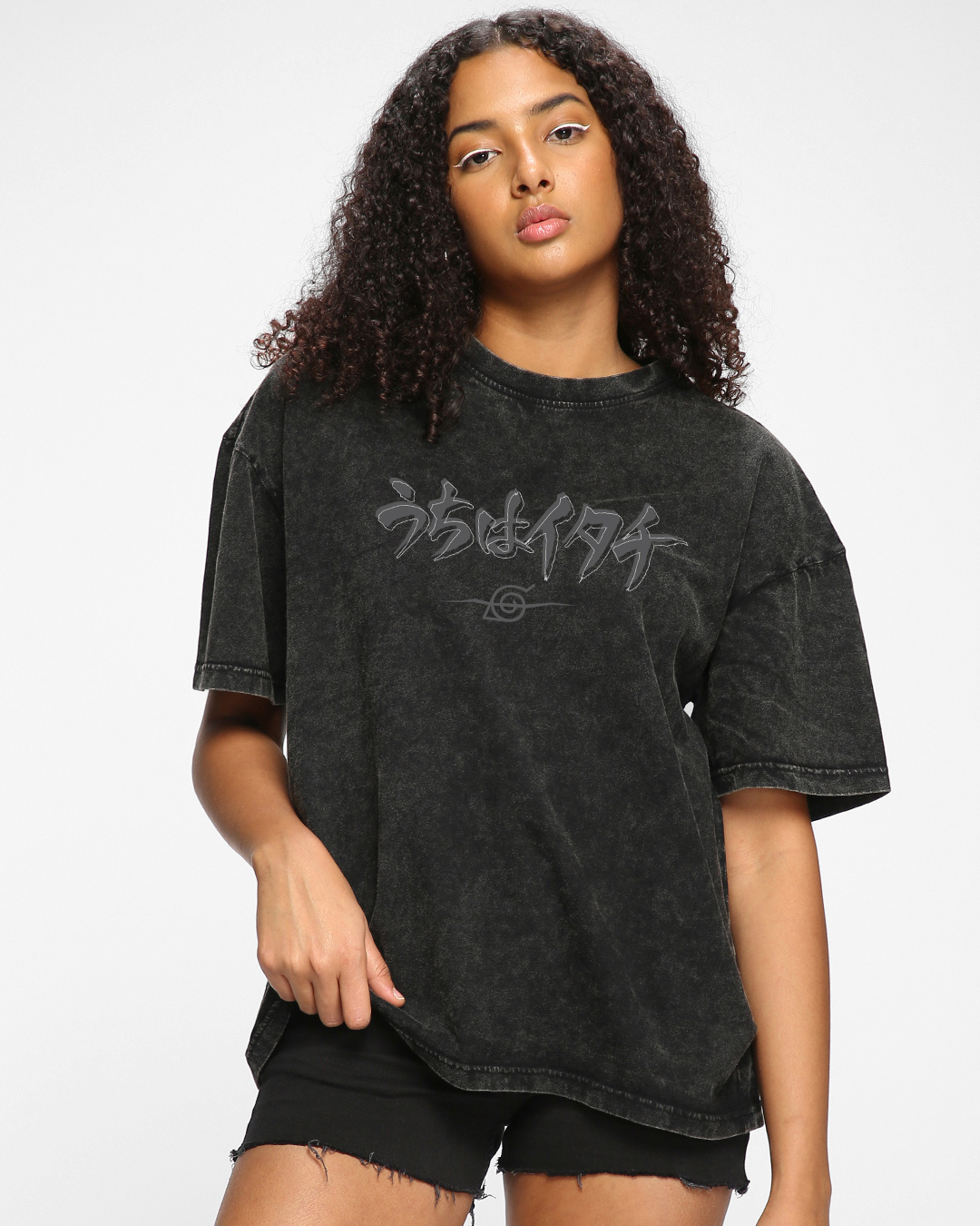 Shop Women's Black Itachi Gen Graphic Printed Oversized Acid Wash T-shirt-Back