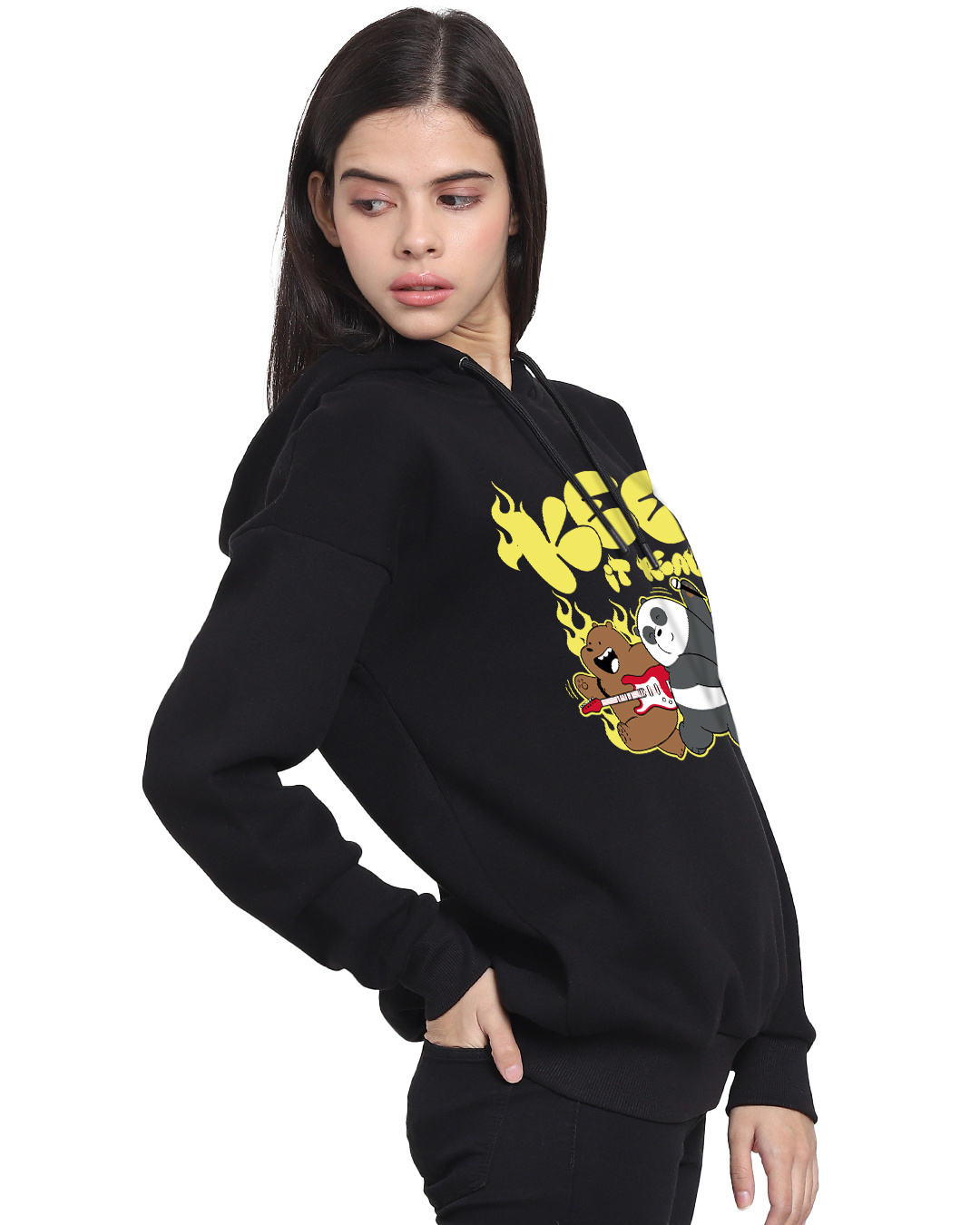 Shop Women's Black Keep it Real Graphic Printed Oversized Hoodies-Back