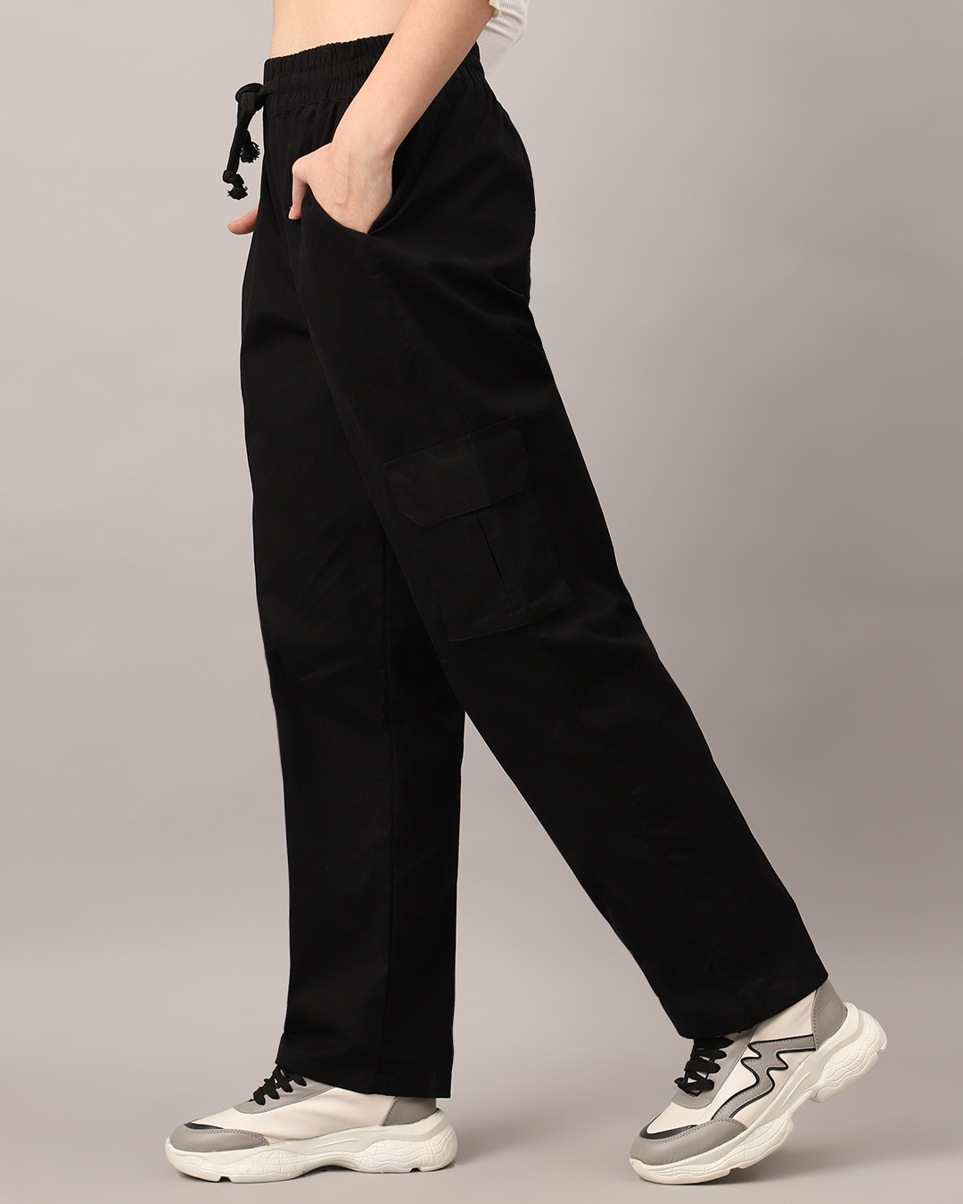 Shop Women's Black Loose Comfort Fit Cargo Pants-Back