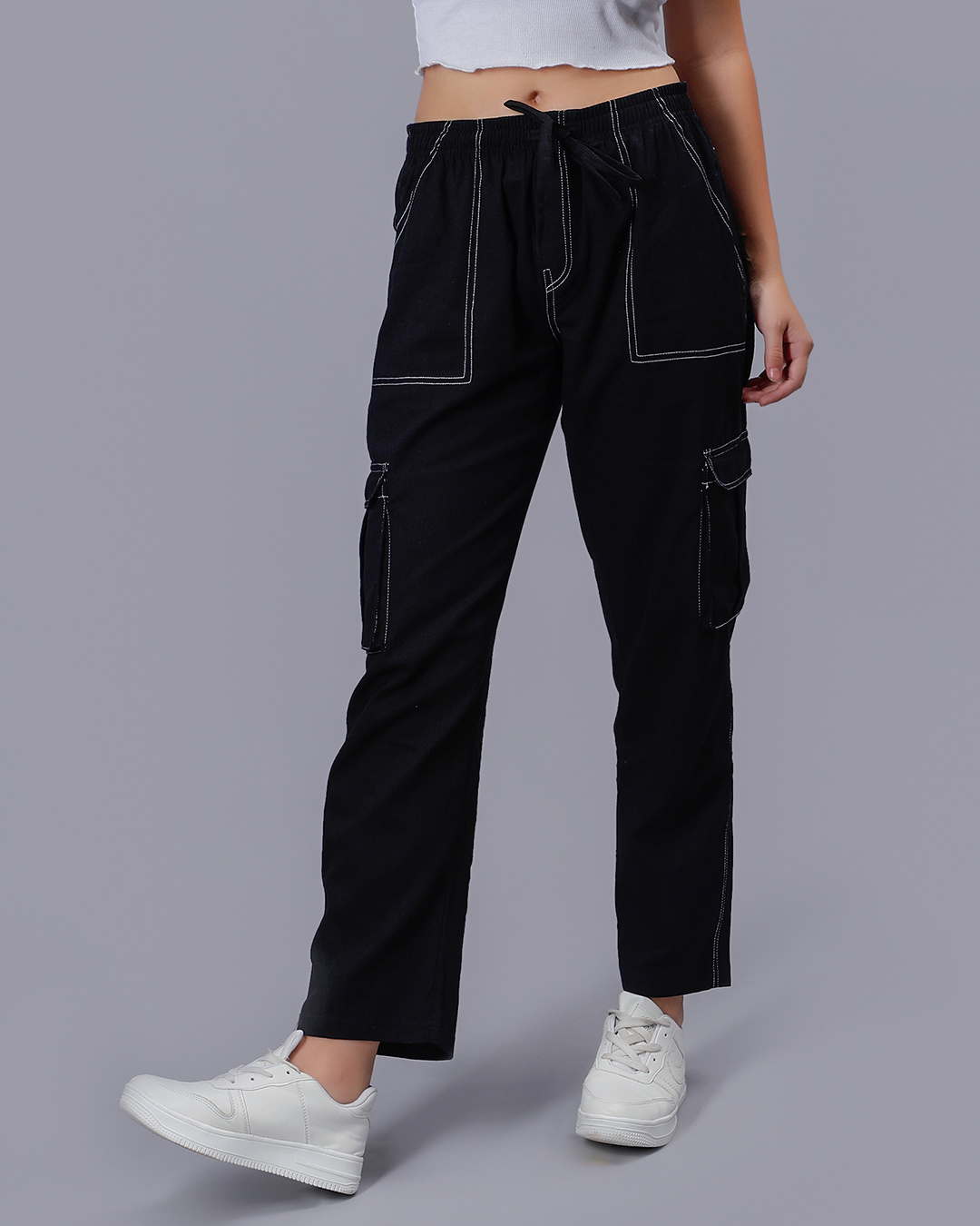 Shop Women's Black Loose Comfort Fit Cargo Track Pants-Back
