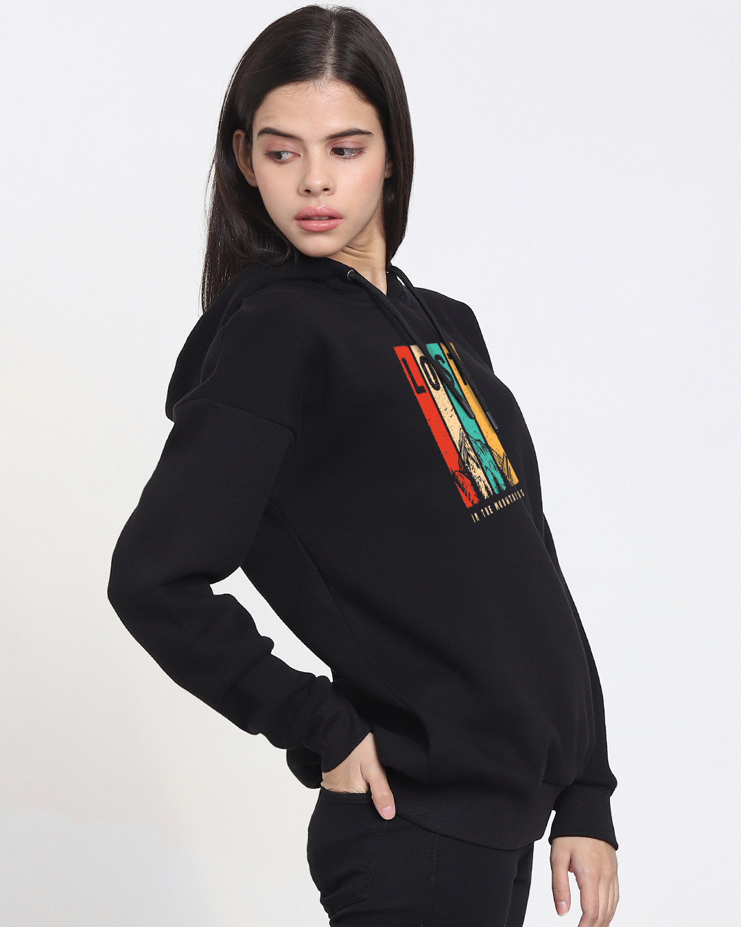 Shop Women's Black Lost In The Mountains Graphic Printed Oversized Hoodie-Back