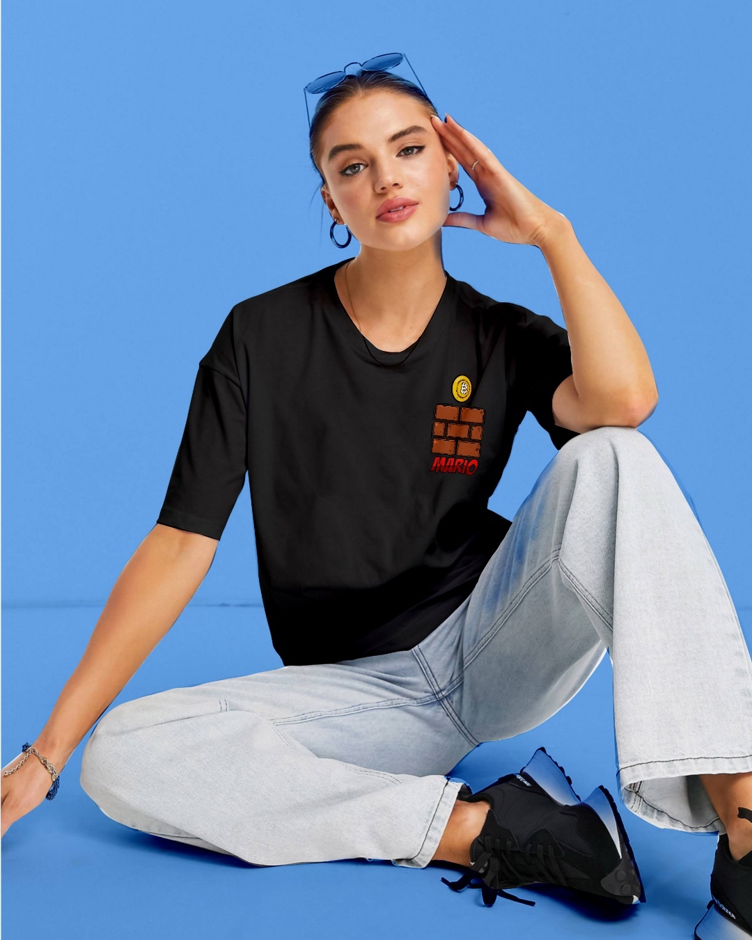 Shop Women's Black Mario Back Graphic Printed Oversized T-shirt-Back