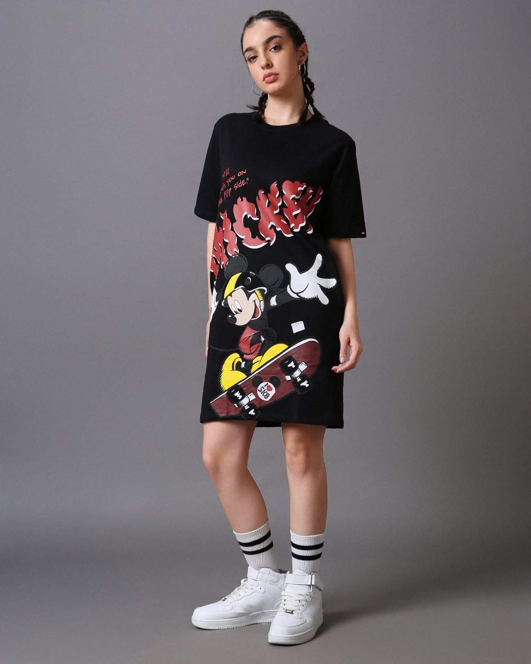 Shop Women's Black Mickey Graphic Printed Oversized T-shirt Dress-Back