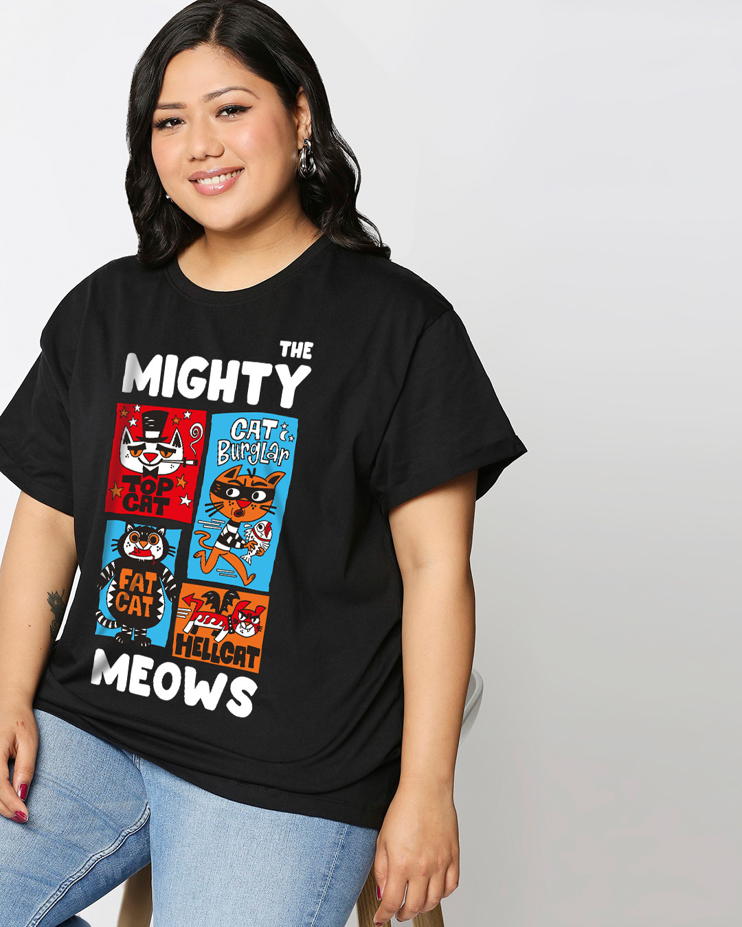 Shop Women's Black Mighty Meows Graphic Printed Plus Size Boyfriend T-shirt-Back