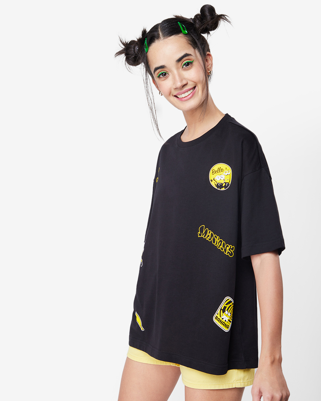 Shop Women's Black Minion Badges Graphic Printed Oversized T-shirt-Back
