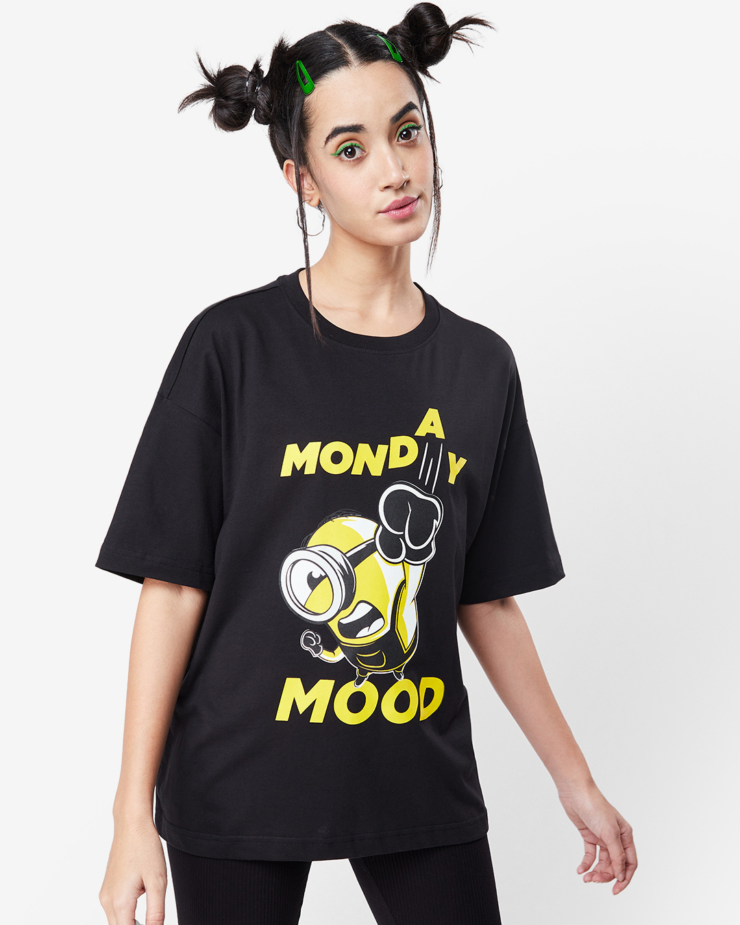 Shop Women's Black Minion's Monday Mood Graphic Printed Oversized T-shirt-Back
