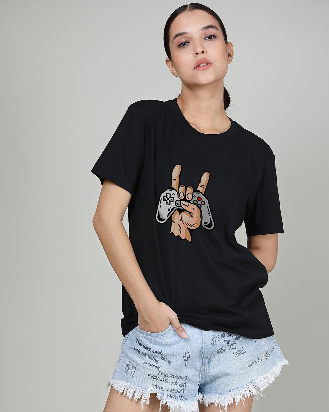 Women Black Game On Printed Oversized T-Shirt Dress