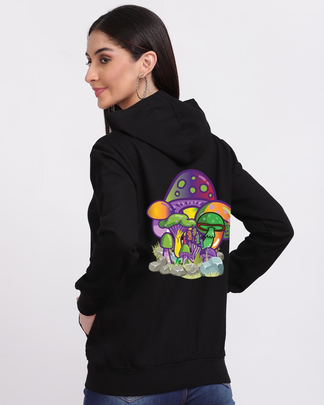 Shop Women's Black Mushroom Graphic Printed Hoodie-Back