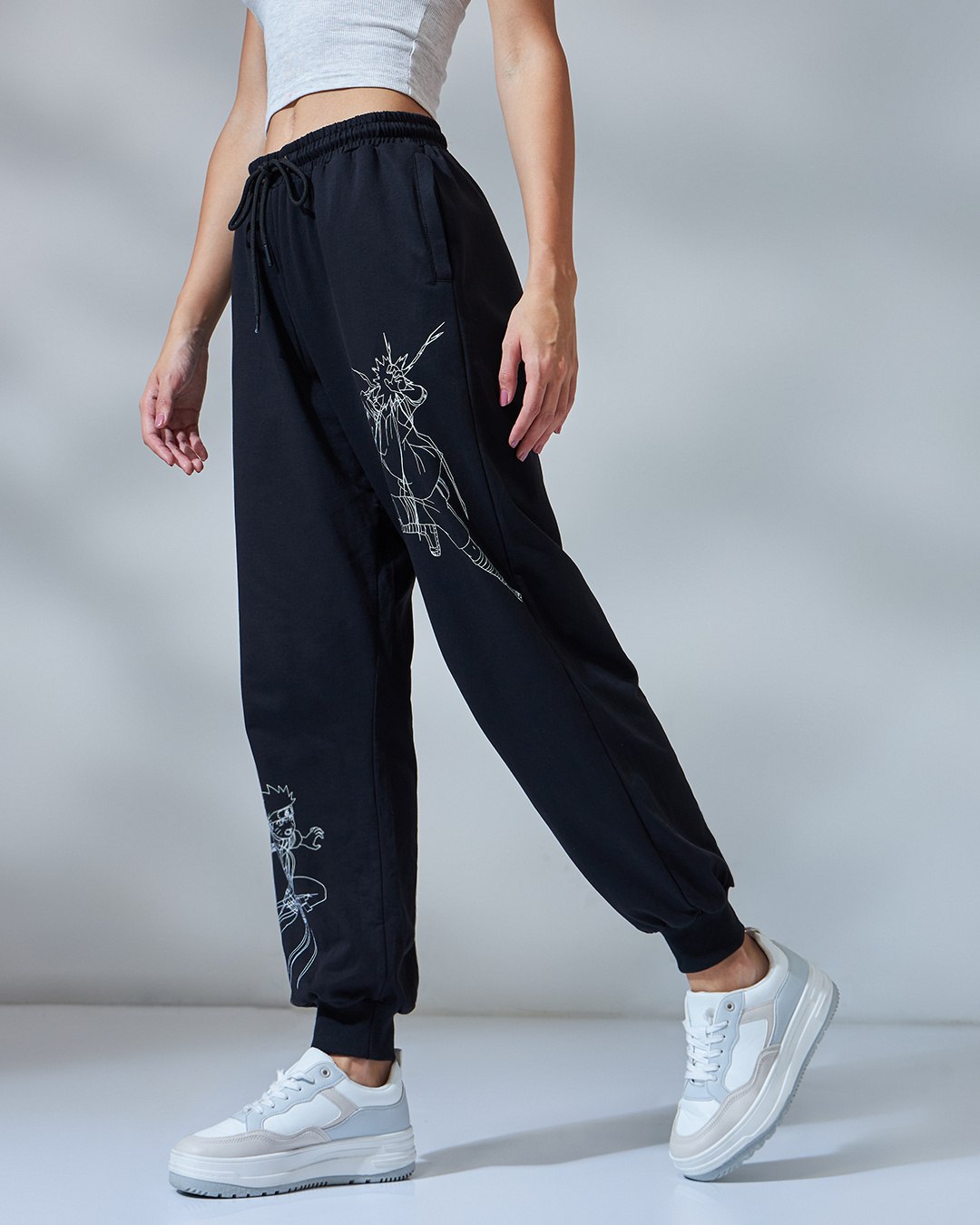 Shop Women's Black Naruto Pose Graphic Printed Super Loose Fit Joggers-Back