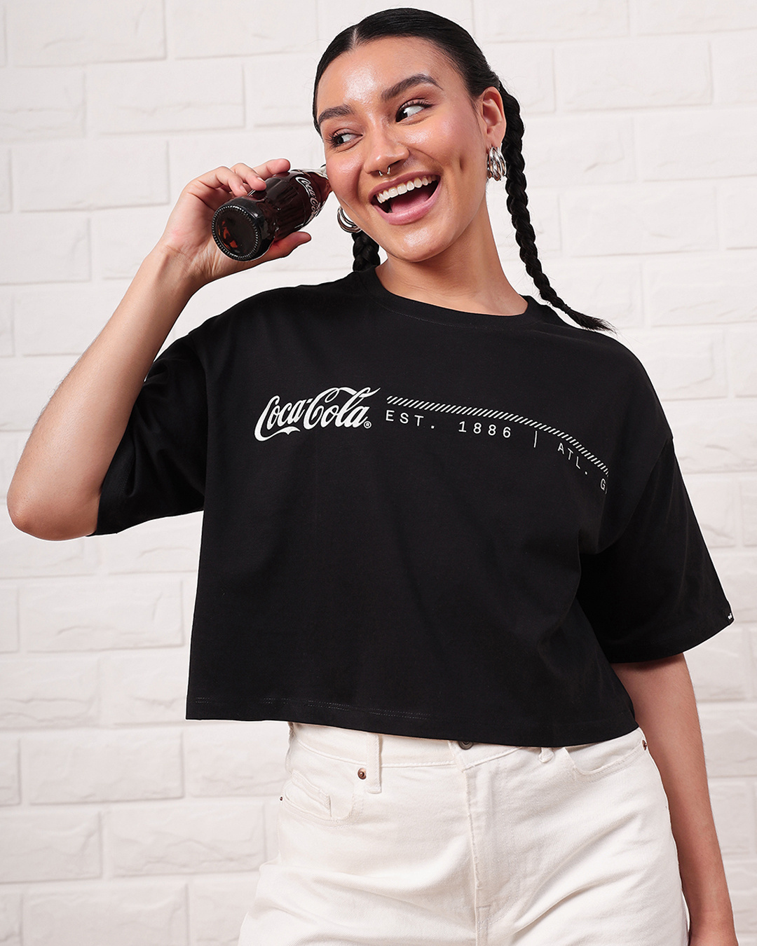 Shop Women's Black New World Coke Graphic Printed Oversized Short Top-Back