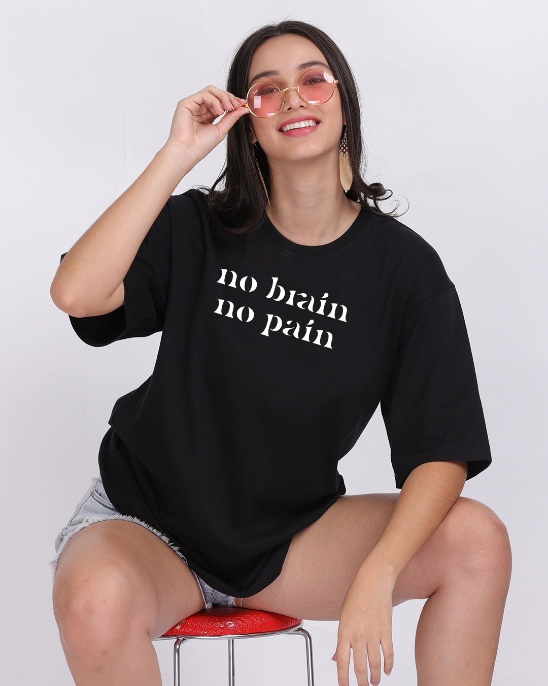 Shop Women's Black No Brain No Pain Typography Oversized T-shirt-Back