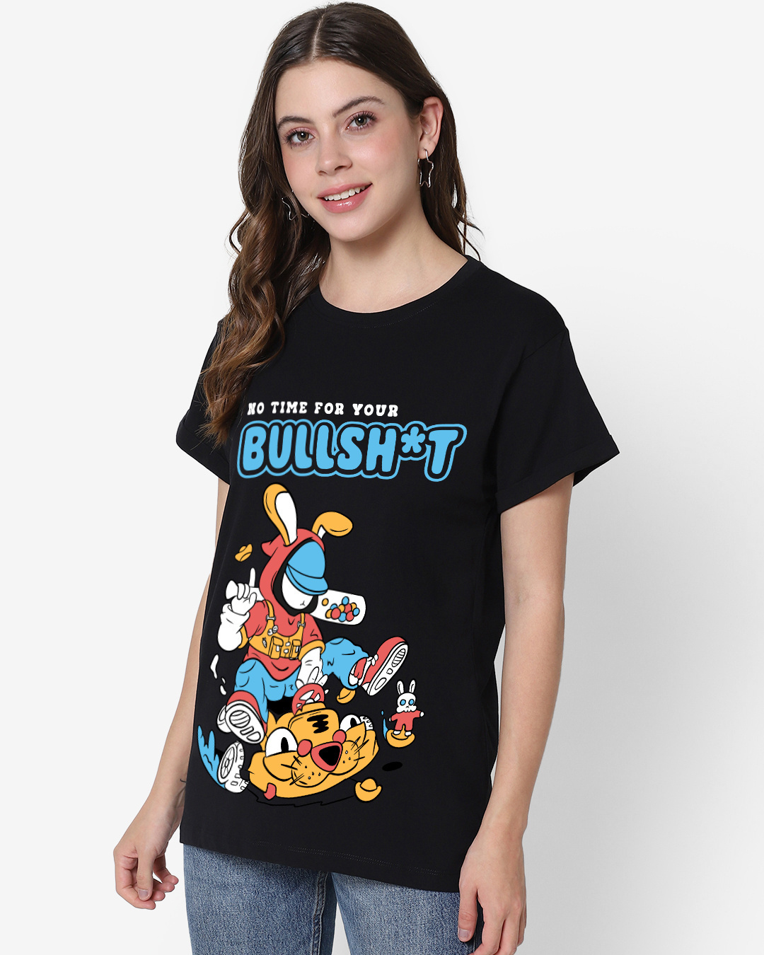 Shop Women's Black No Time For Bullshit Graphic Printed Boyfriend T-shirt-Back
