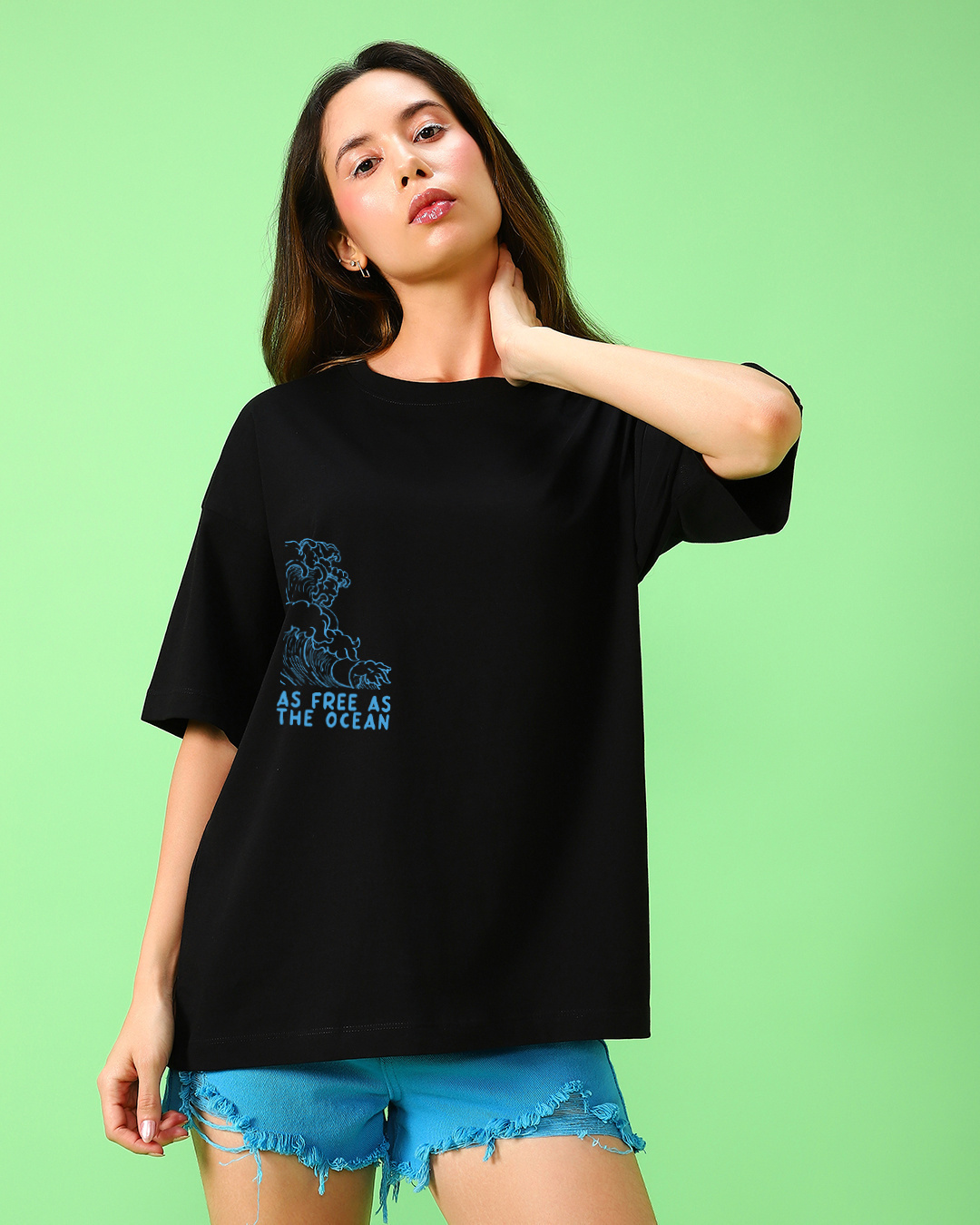 Shop Women's Black Ocean Child Graphic Printed Oversized T-shirt-Back