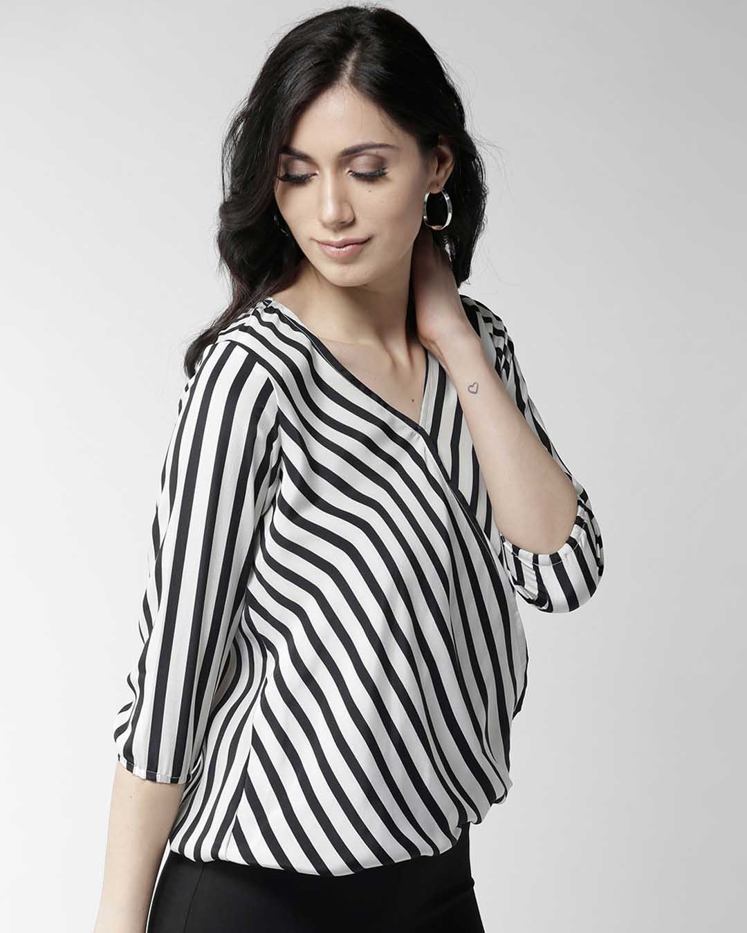 Shop Women's Black & Off White Striped Wrap Top-Back