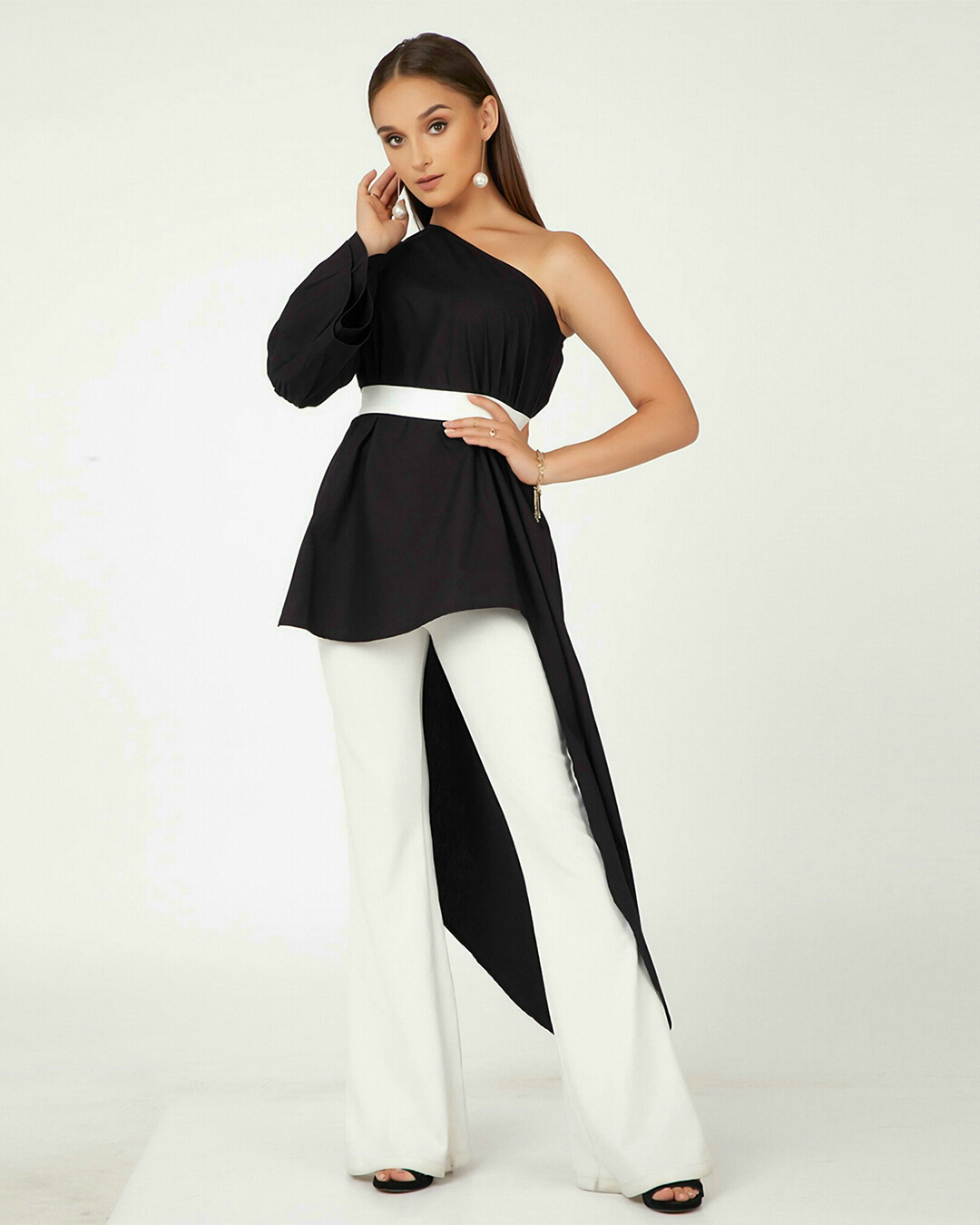 Shop Women's Black One Shoulder Relaxed Fit Top with Belt-Back