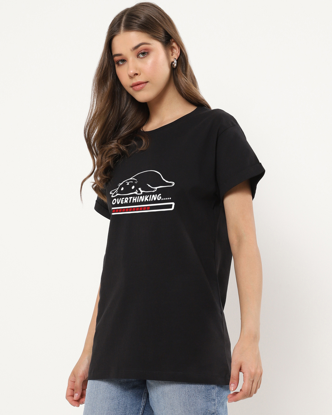 Shop Women's Black Over Thinking Graphic Printed Boyfriend T-shirt-Back