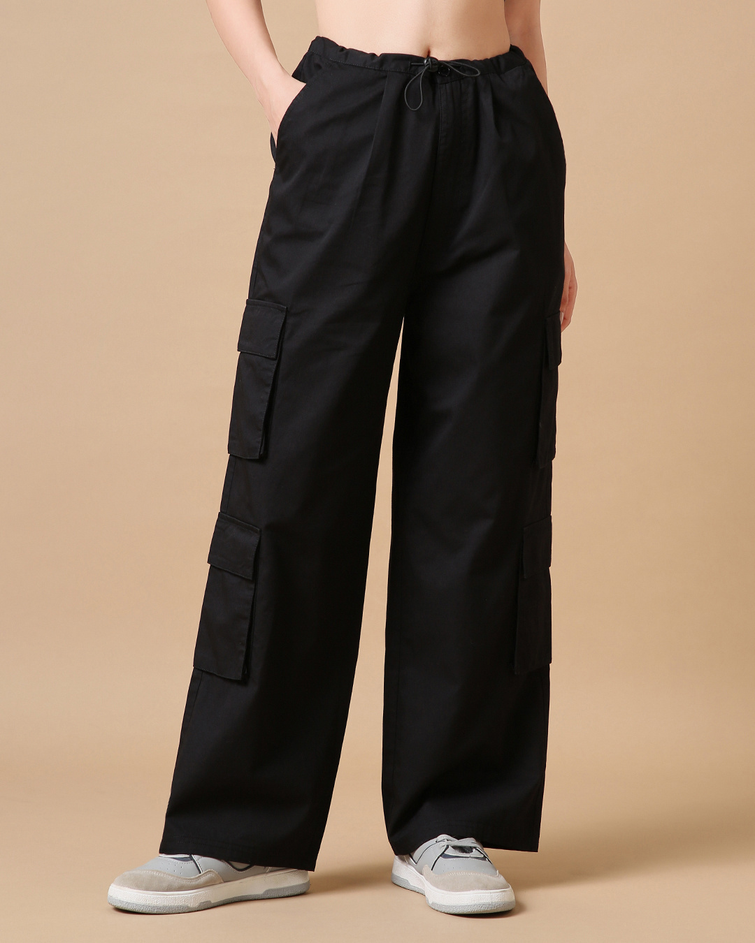 Shop Women's Black Oversized Cargo Parachute Pants-Back